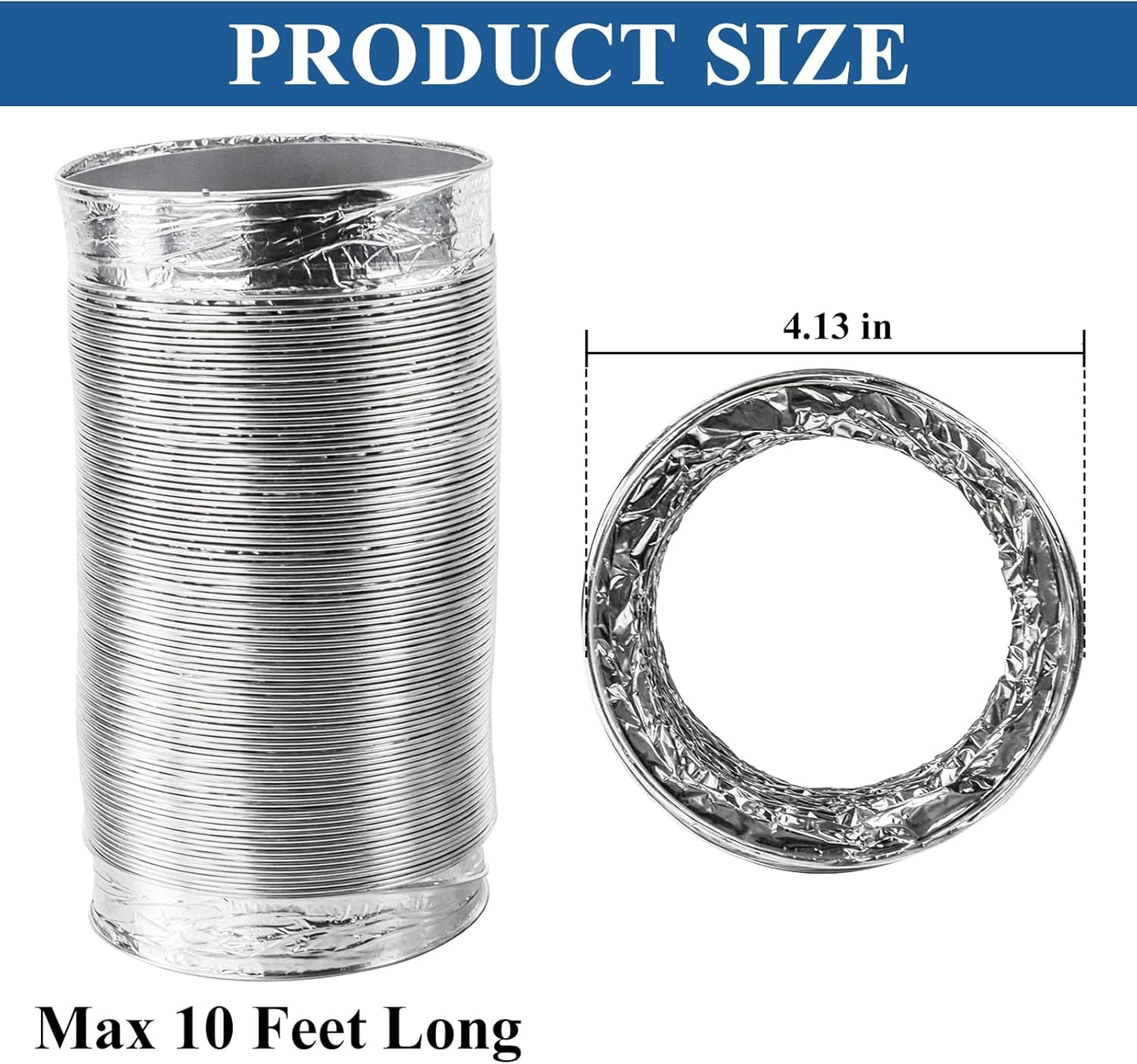 10 Foot Flexible Dryer Vent Hose Kit with Stainless Steel Clamps - 4 Inch Diameter Aluminum Foil Non-Insulated - Universal Fit Silver Color