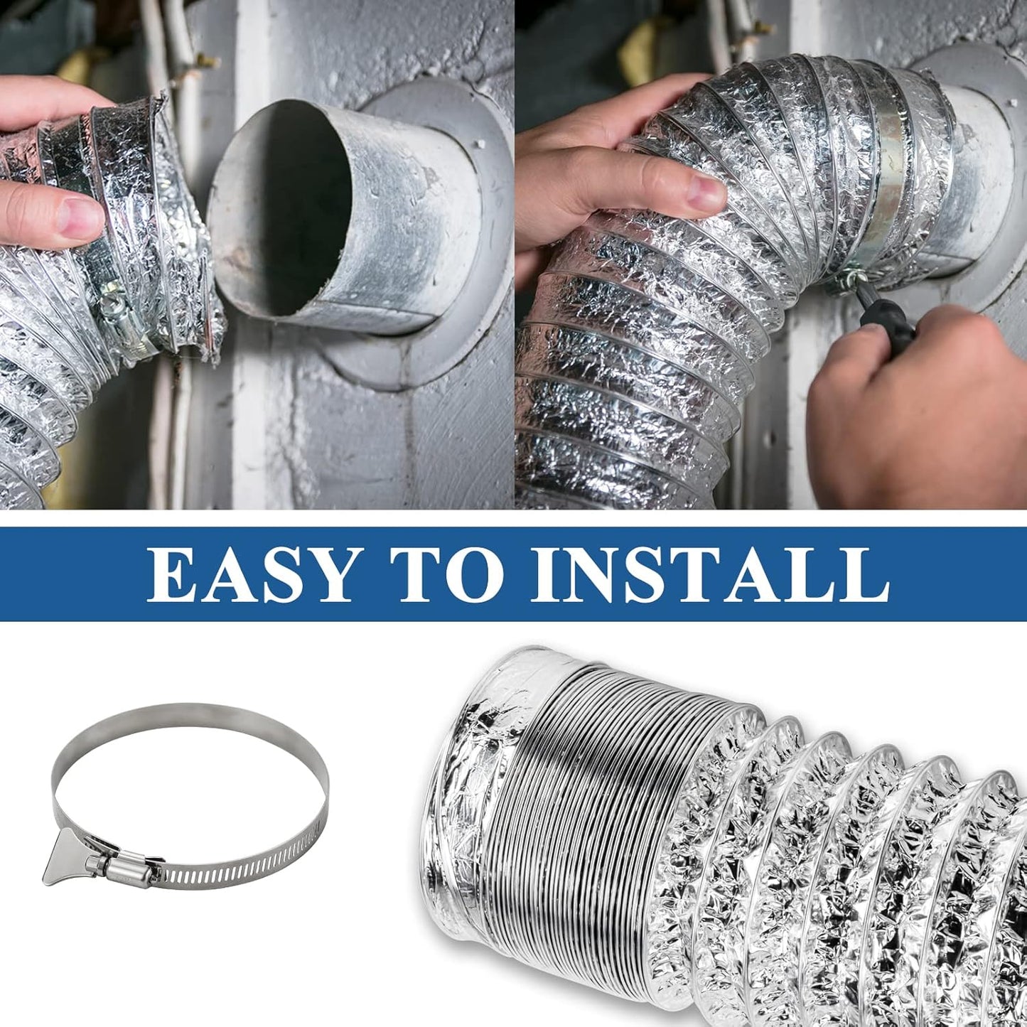 10 Foot Flexible Dryer Vent Hose Kit with Stainless Steel Clamps - 4 Inch Diameter Aluminum Foil Non-Insulated - Universal Fit Silver Color