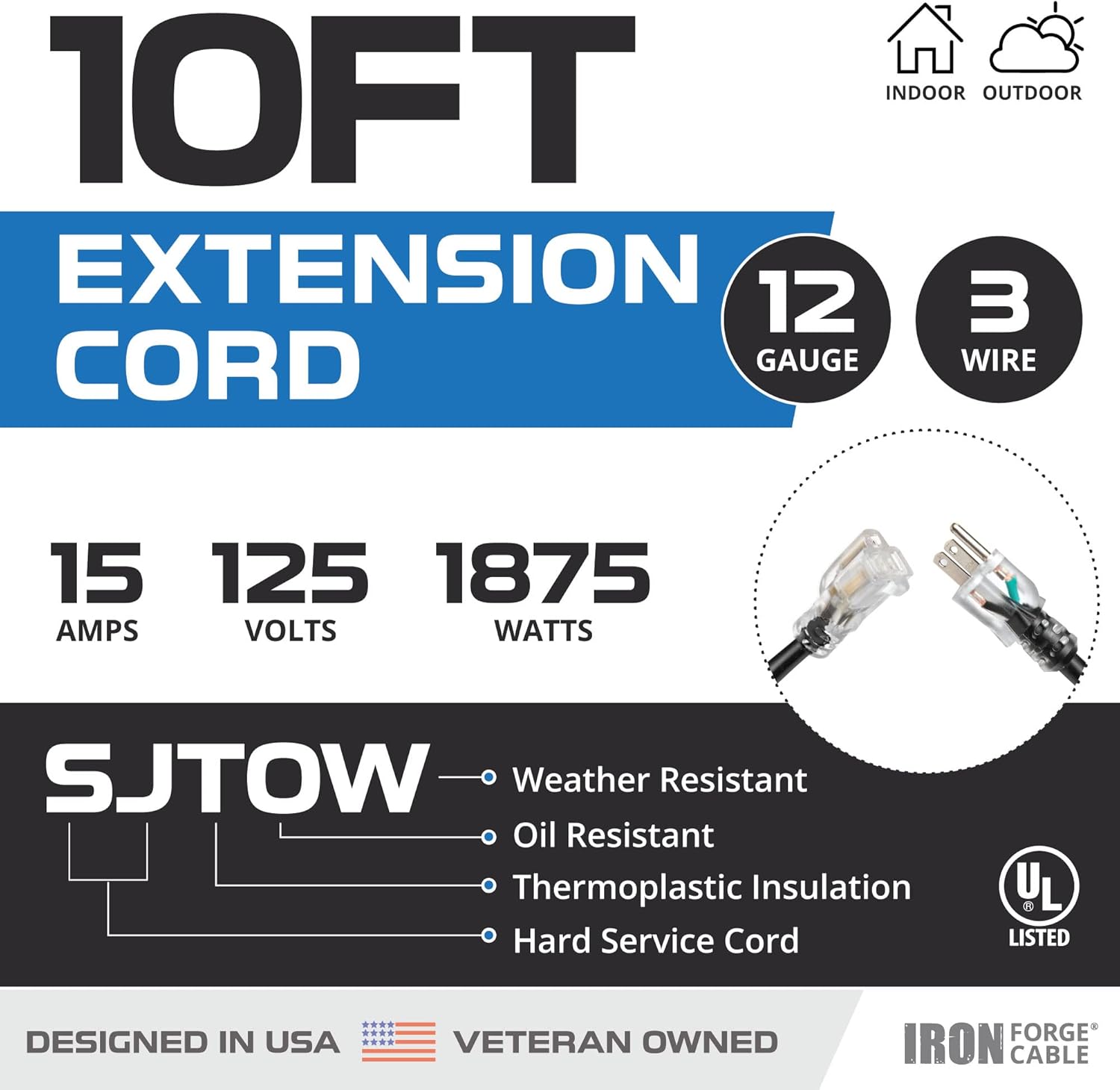 10 Ft 12 Gauge SJTOW Extension Cord - Heavy Duty 3 Prong 10 Foot Oil & Flame Resistant Black Cable - Lighted End for Farm & Workshop - 15 AMP