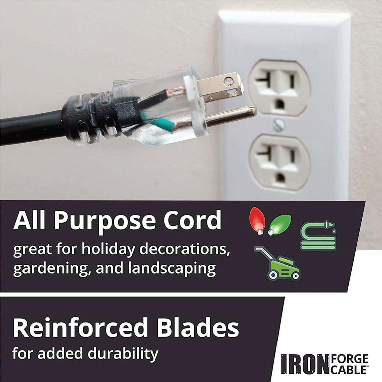 10 Ft 12 Gauge SJTOW Extension Cord - Heavy Duty 3 Prong 10 Foot Oil & Flame Resistant Black Cable - Lighted End for Farm & Workshop - 15 AMP