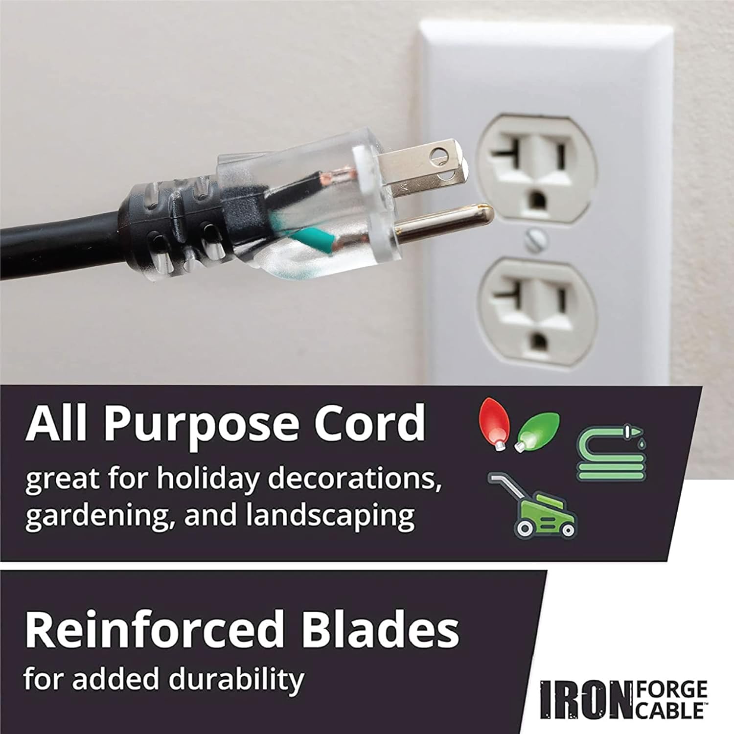 10 Ft 12 Gauge SJTOW Extension Cord - Heavy Duty 3 Prong 10 Foot Oil & Flame Resistant Black Cable - Lighted End for Farm & Workshop - 15 AMP