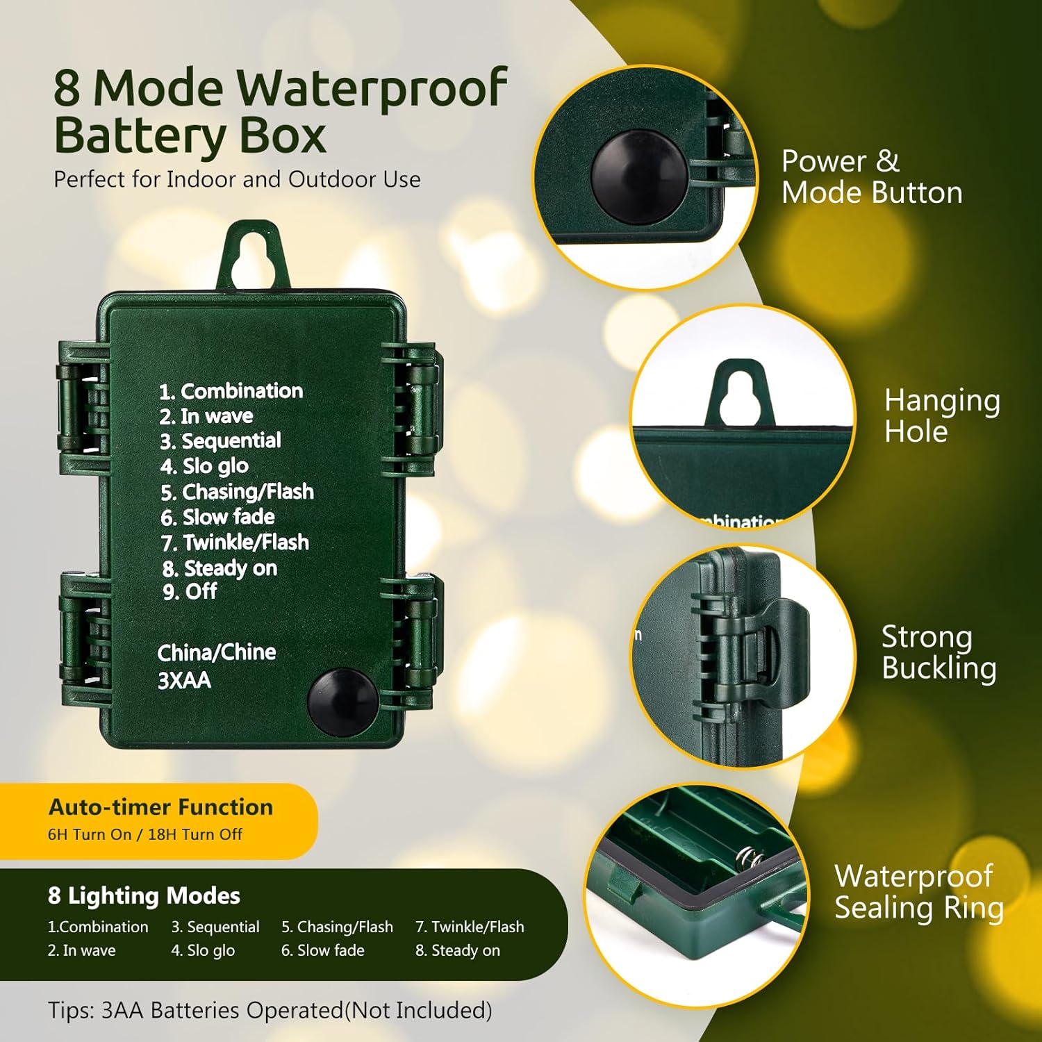 10 FT 120LED Fairy Lights Battery Operated with Timer & 8 Lighting Modes - Waterproof Cluster Lights for Wedding and Christmas Decoration