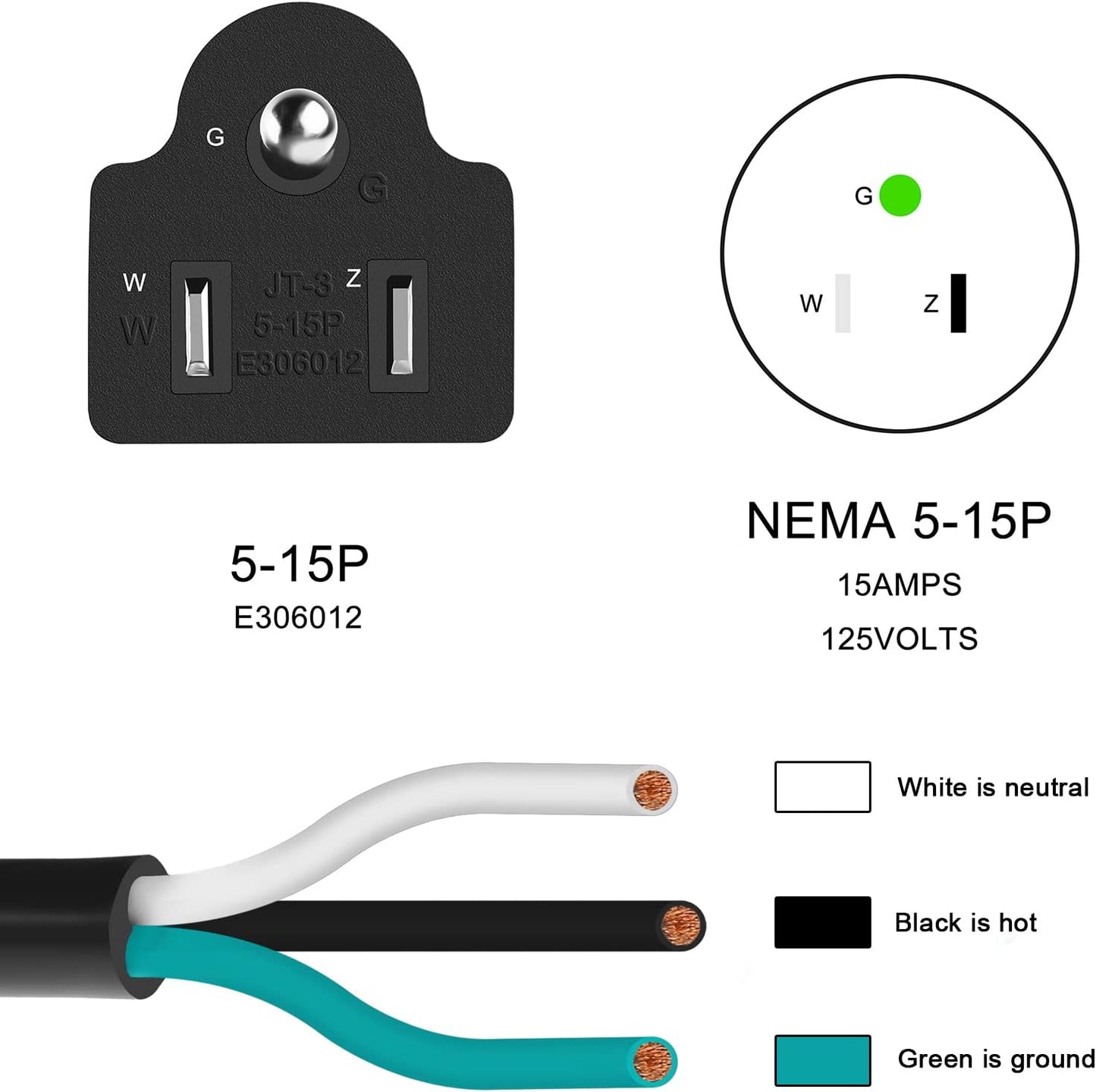 10 FT 14 AWG 3 Prong Power Cord Replacement with 15 Amp 3 Conductor Wire Extension Cable