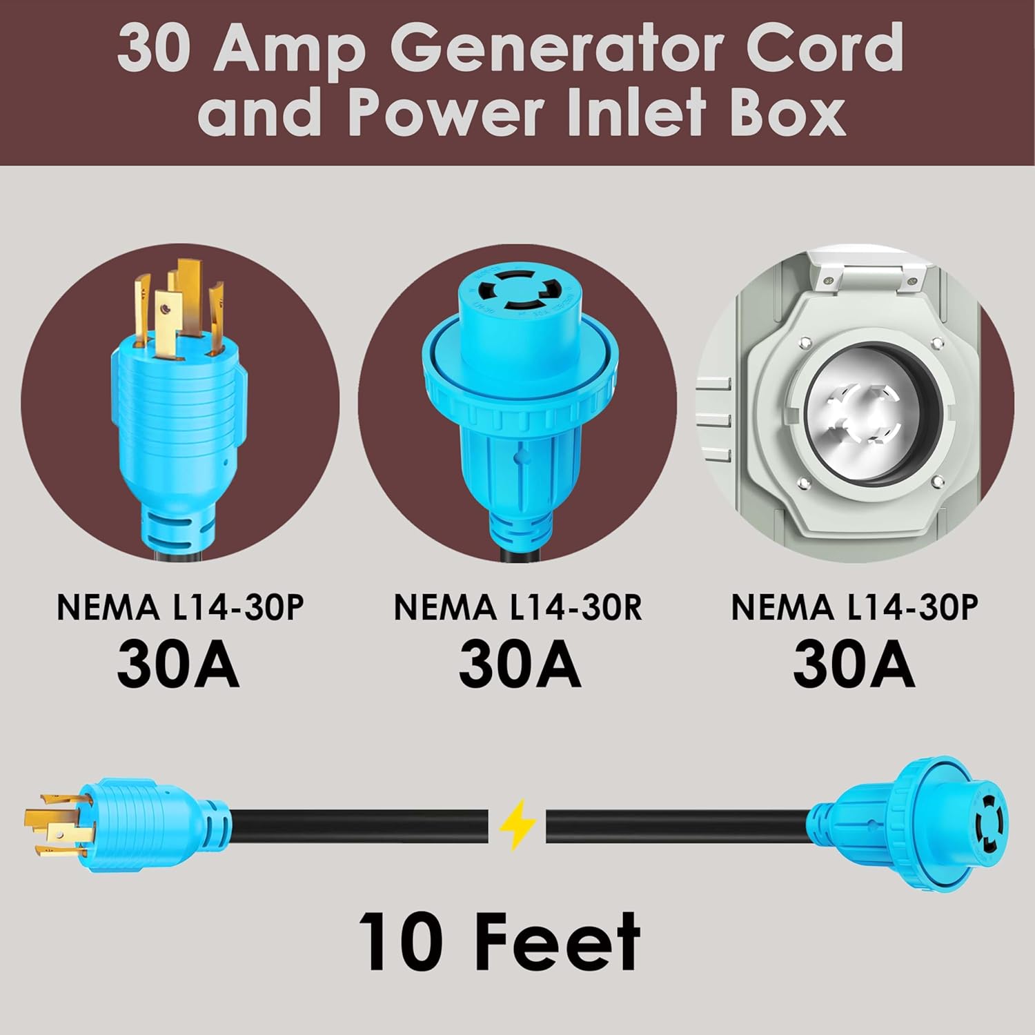 10 Ft 30A Generator Extension Cord with 4 Prongs, Locking Connector, Heavy Duty NEMA L14-30P/L14-30R, 125/250V 7500W 10 Gauge SJTW - Generator to House Power