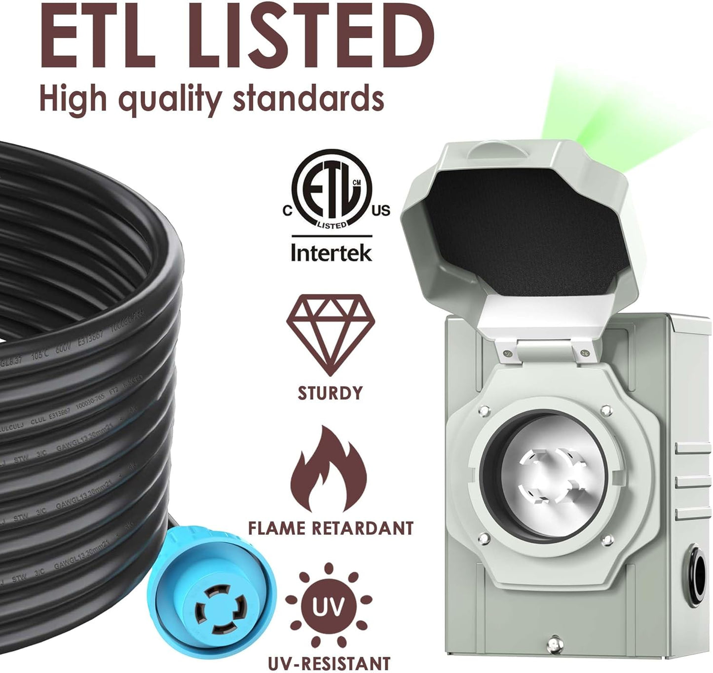 10 Ft 30A Generator Extension Cord with 4 Prongs, Locking Connector, Heavy Duty NEMA L14-30P/L14-30R, 125/250V 7500W 10 Gauge SJTW - Generator to House Power