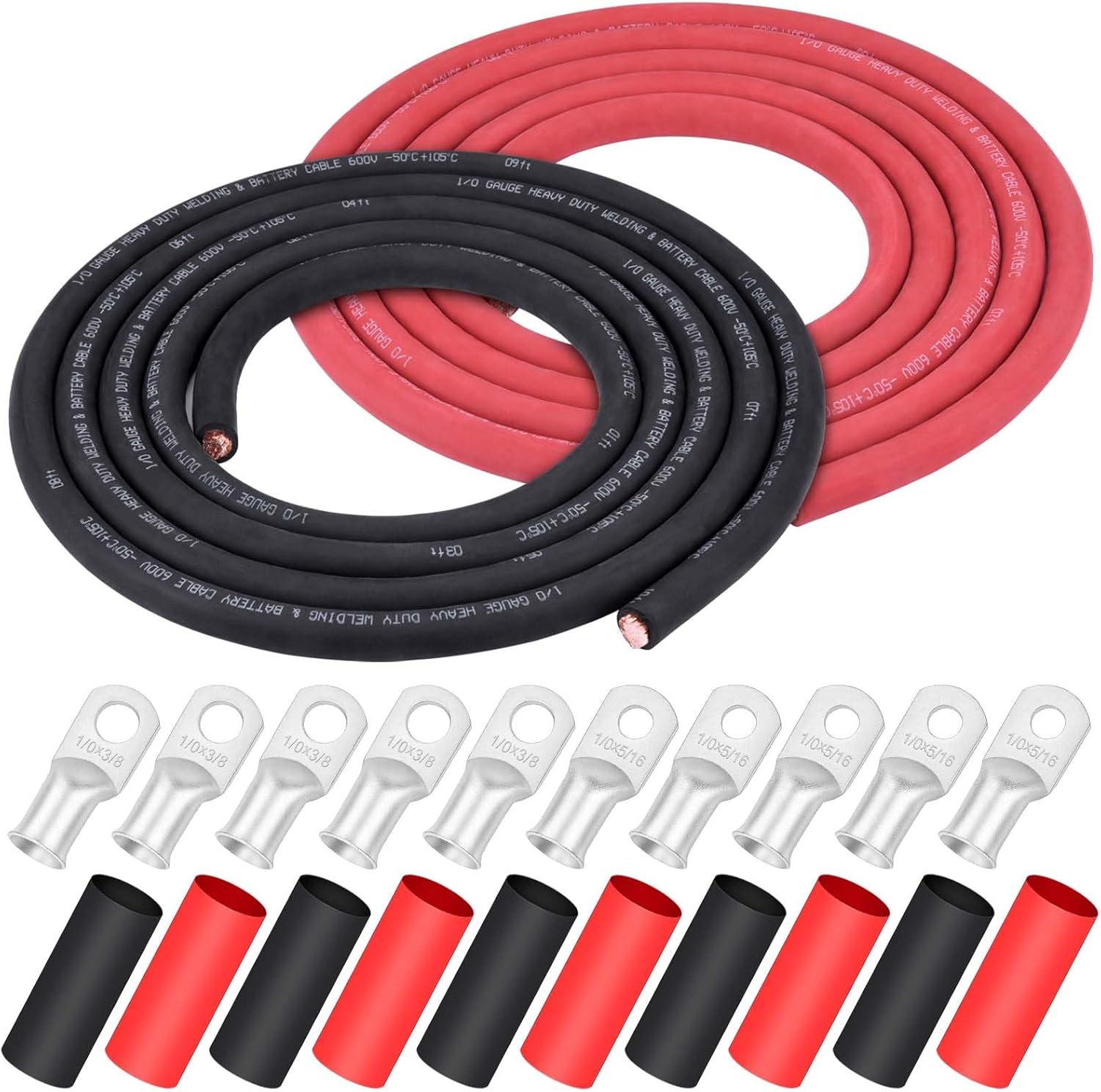 10 Ft Black + 10 Ft Red Battery Welding Wire Set with Copper Cable Lugs and Heat Shrink Tubing