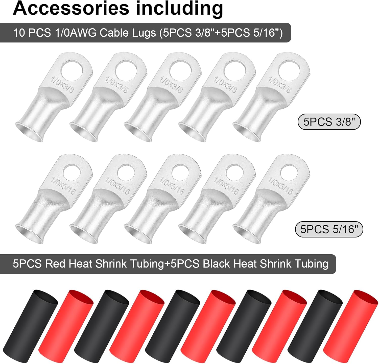 10 Ft Black + 10 Ft Red Battery Welding Wire Set with Copper Cable Lugs and Heat Shrink Tubing
