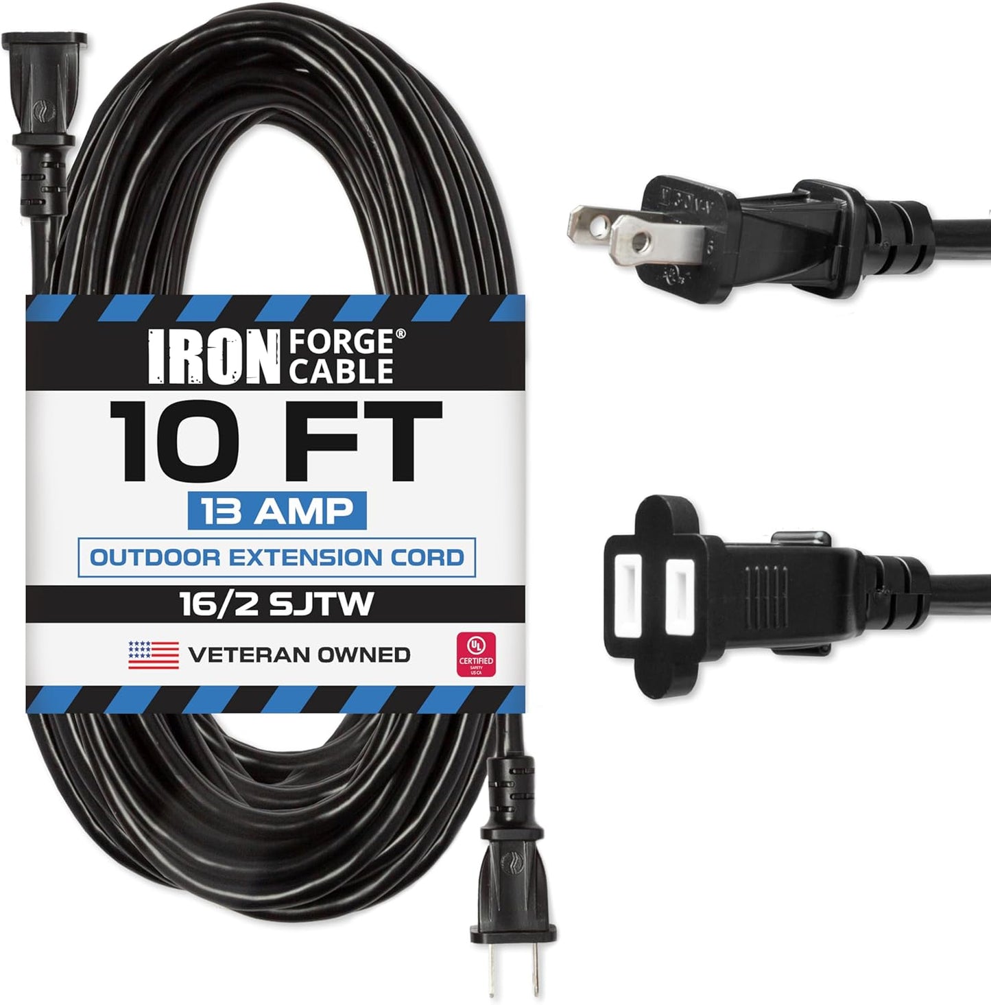 10 ft Black Weatherproof Outdoor Extension Cord with Polarized Plug - SJTW 16 AWG for Indoor & Outdoor Use by Iron Forge Cable