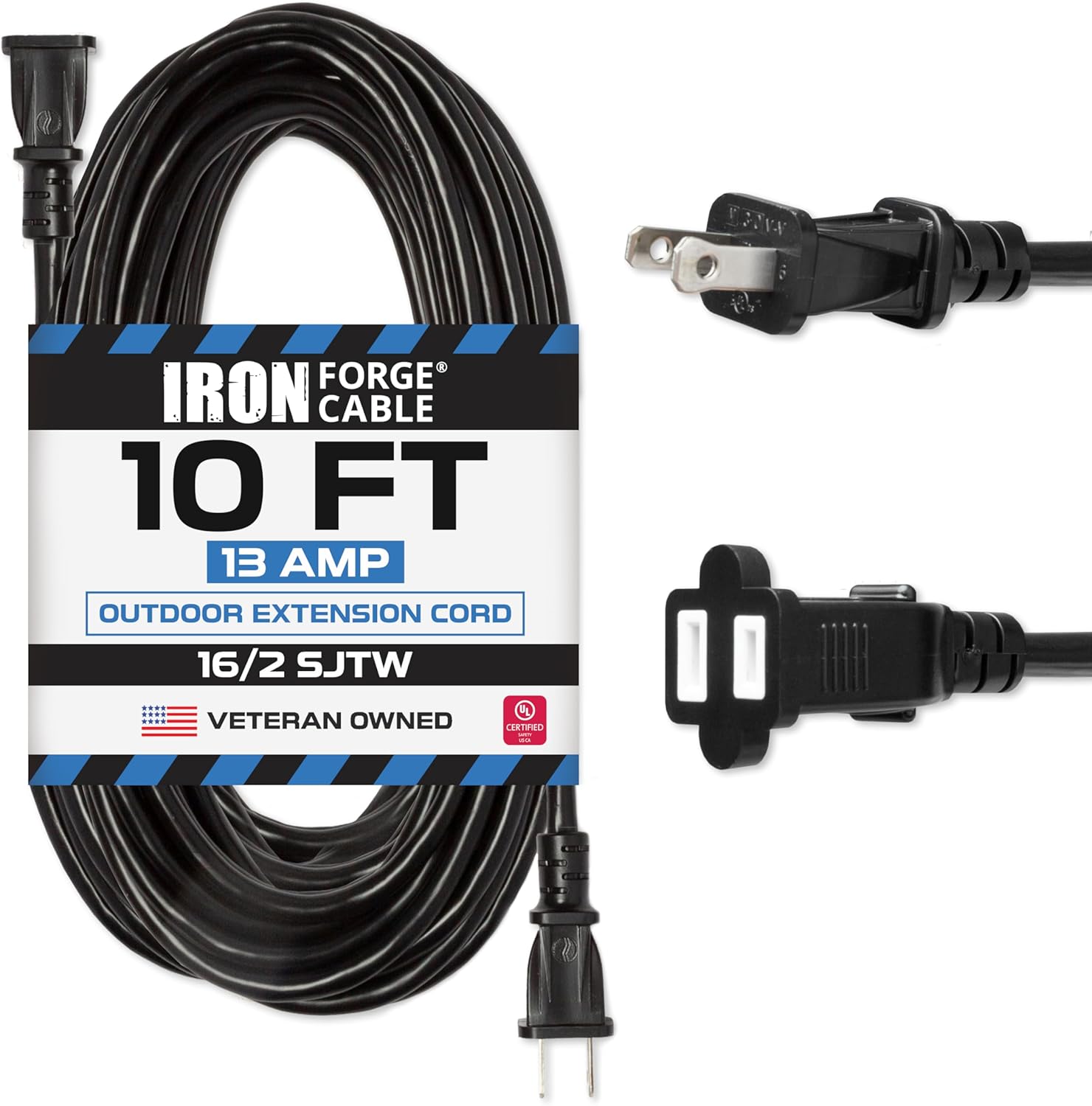 10 ft Black Weatherproof Outdoor Extension Cord with Polarized Plug - SJTW 16 AWG for Indoor & Outdoor Use by Iron Forge Cable