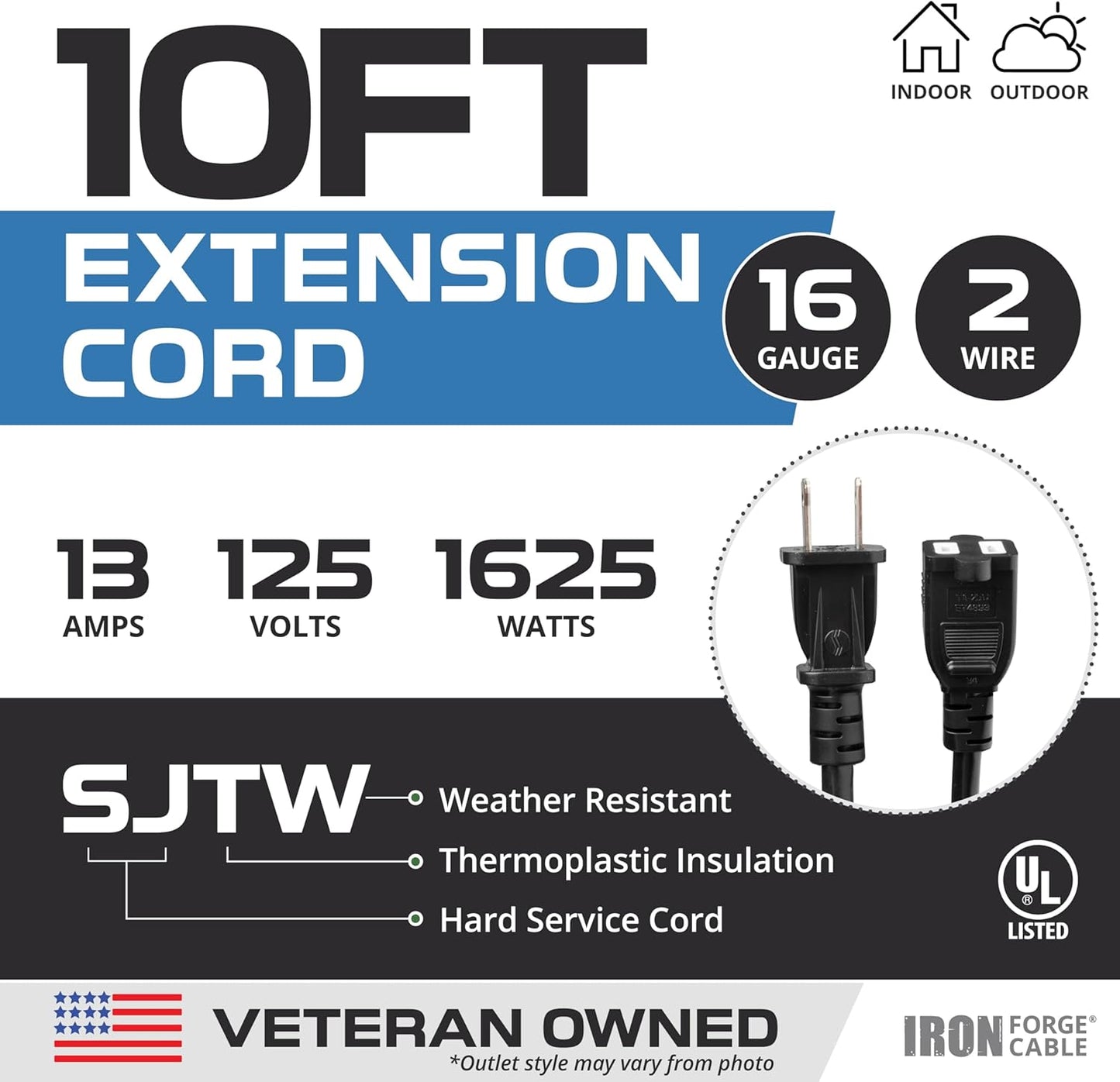 10 ft Black Weatherproof Outdoor Extension Cord with Polarized Plug - SJTW 16 AWG for Indoor & Outdoor Use by Iron Forge Cable