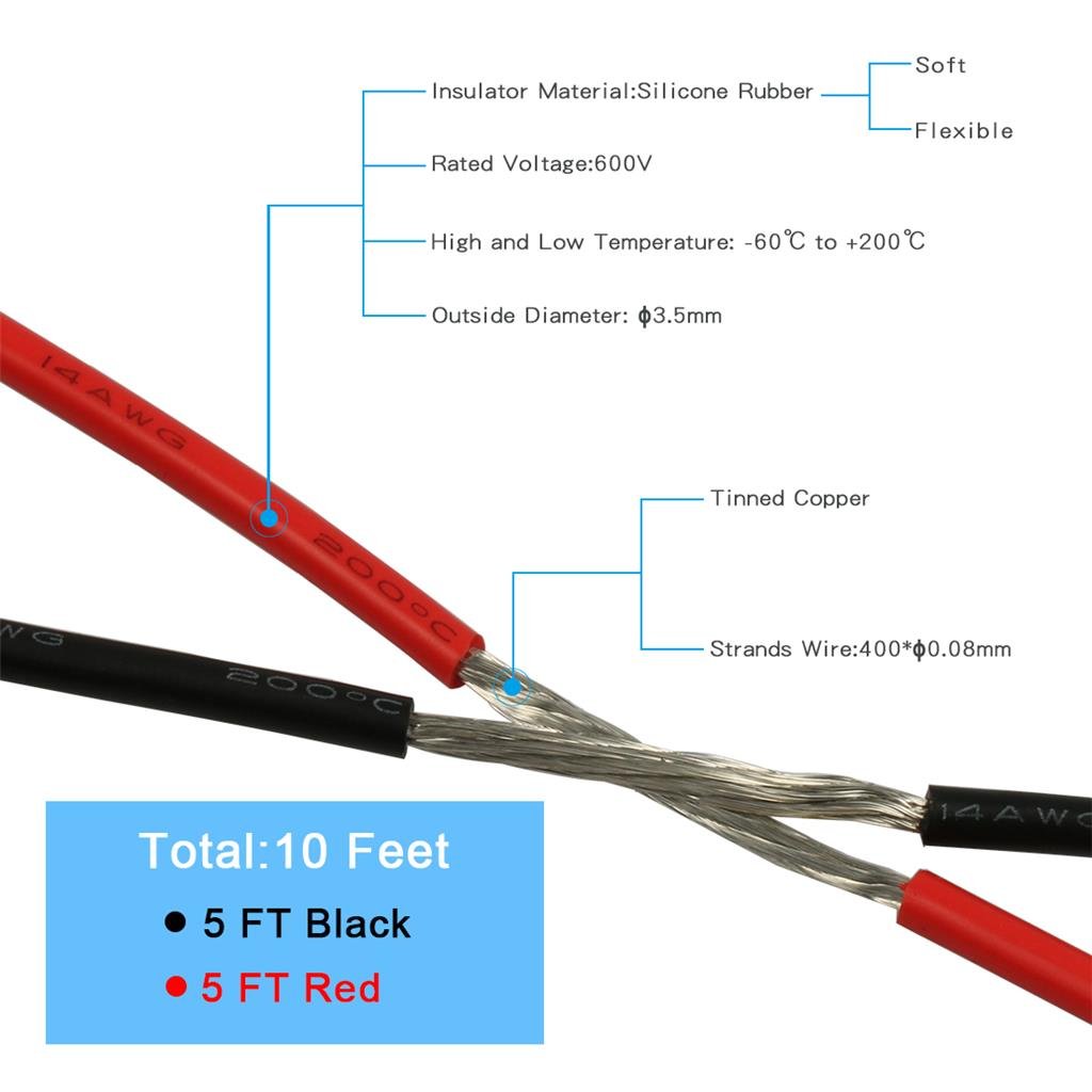 10 ft BNTECHGO 14 Gauge Silicone Wire Set - Red & Black Flexible 14 AWG Stranded Tinned Copper Wire