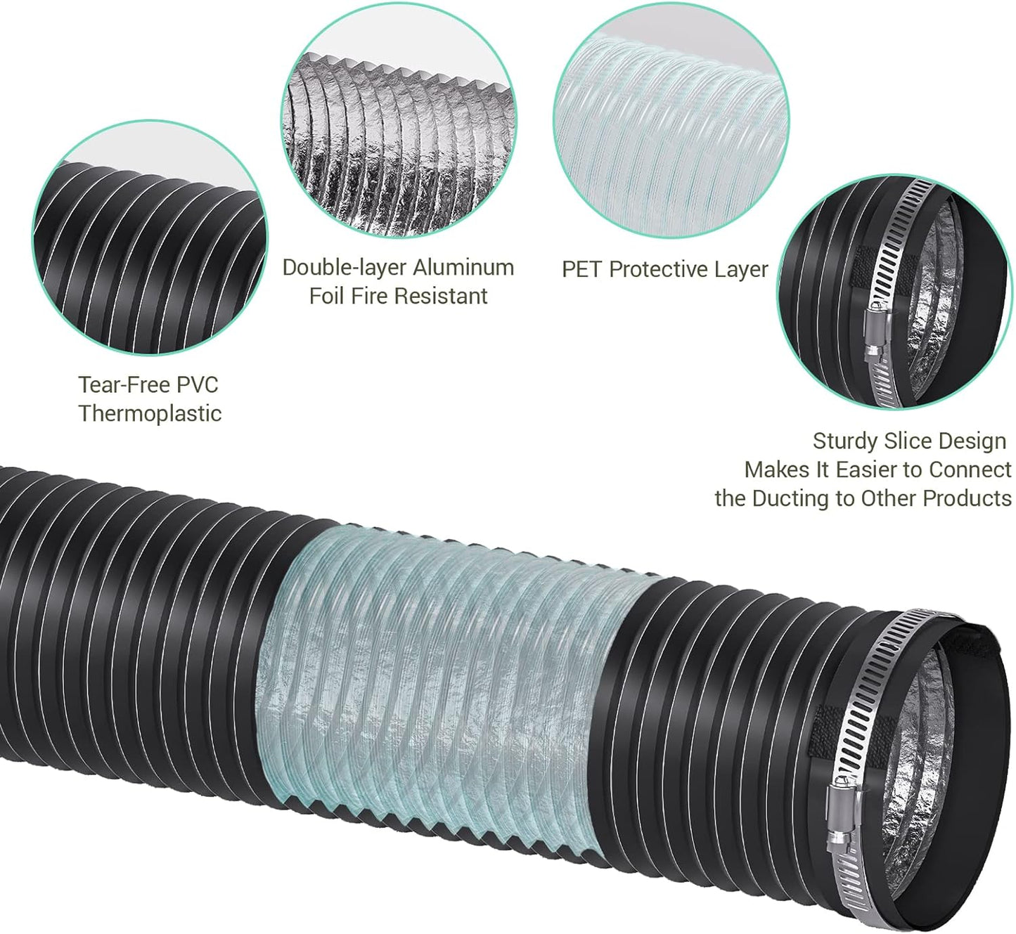 10 FT Drasum Dryer Vent Hose 4 Inch Duct - Flexible 4 Layer PVC and Aluminum Duct with 2 Clamps for HVAC Ventilation