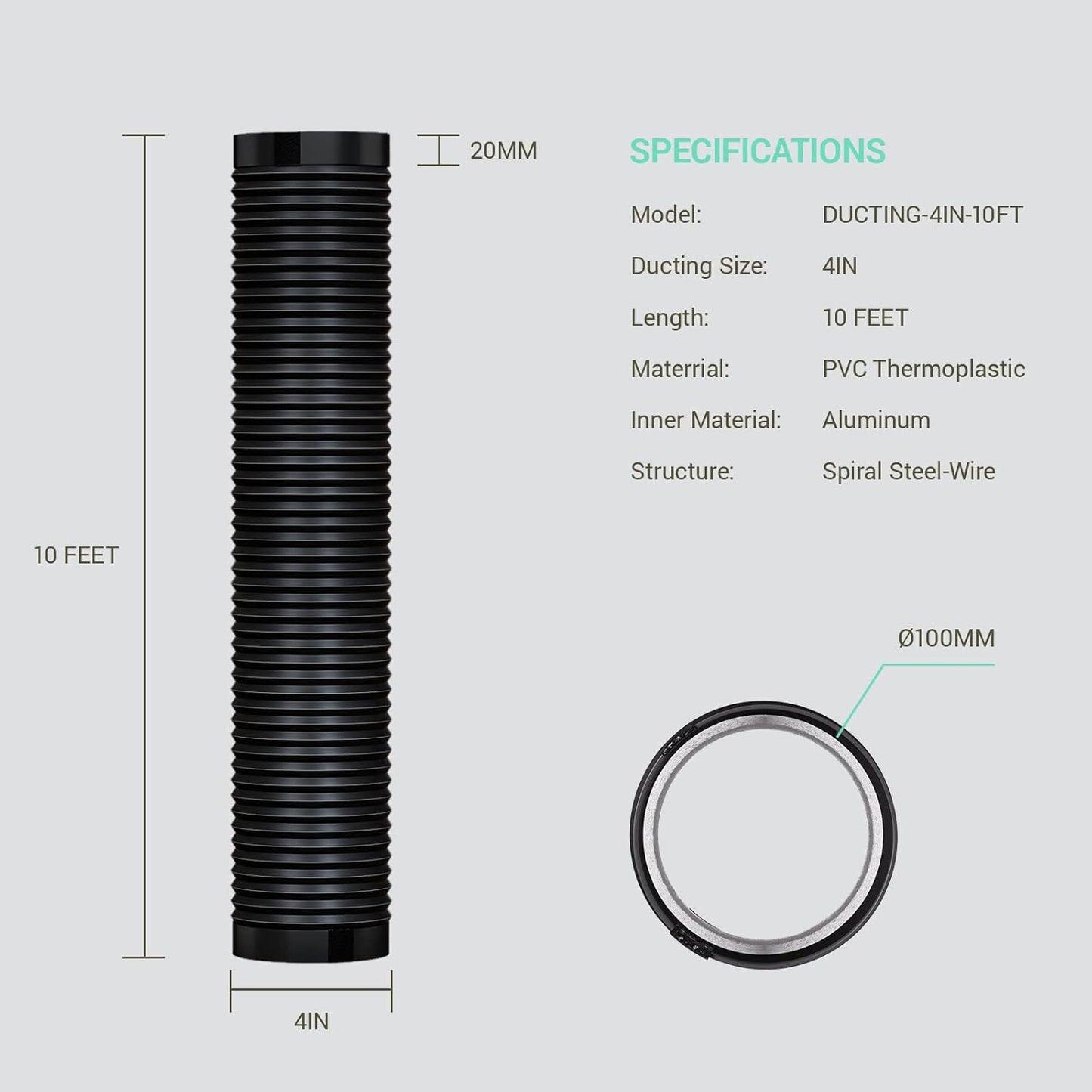 10 FT Drasum Dryer Vent Hose 4 Inch Duct - Flexible 4 Layer PVC and Aluminum Duct with 2 Clamps for HVAC Ventilation