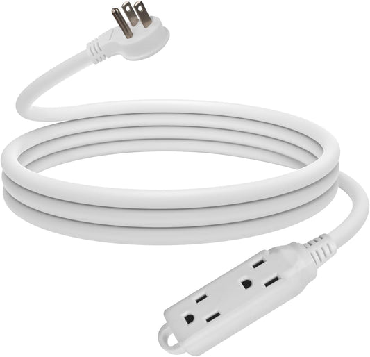 10 Ft Flat Plug Extension Cord - 16 AWG 3 Prong Grounded Cable with 3 Outlets, Indoor Use, White