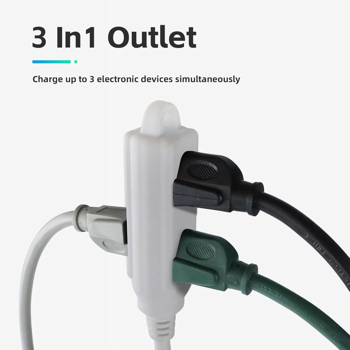 10 Ft Flat Plug Extension Cord - 16 AWG 3 Prong Grounded Cable with 3 Outlets, Indoor Use, White