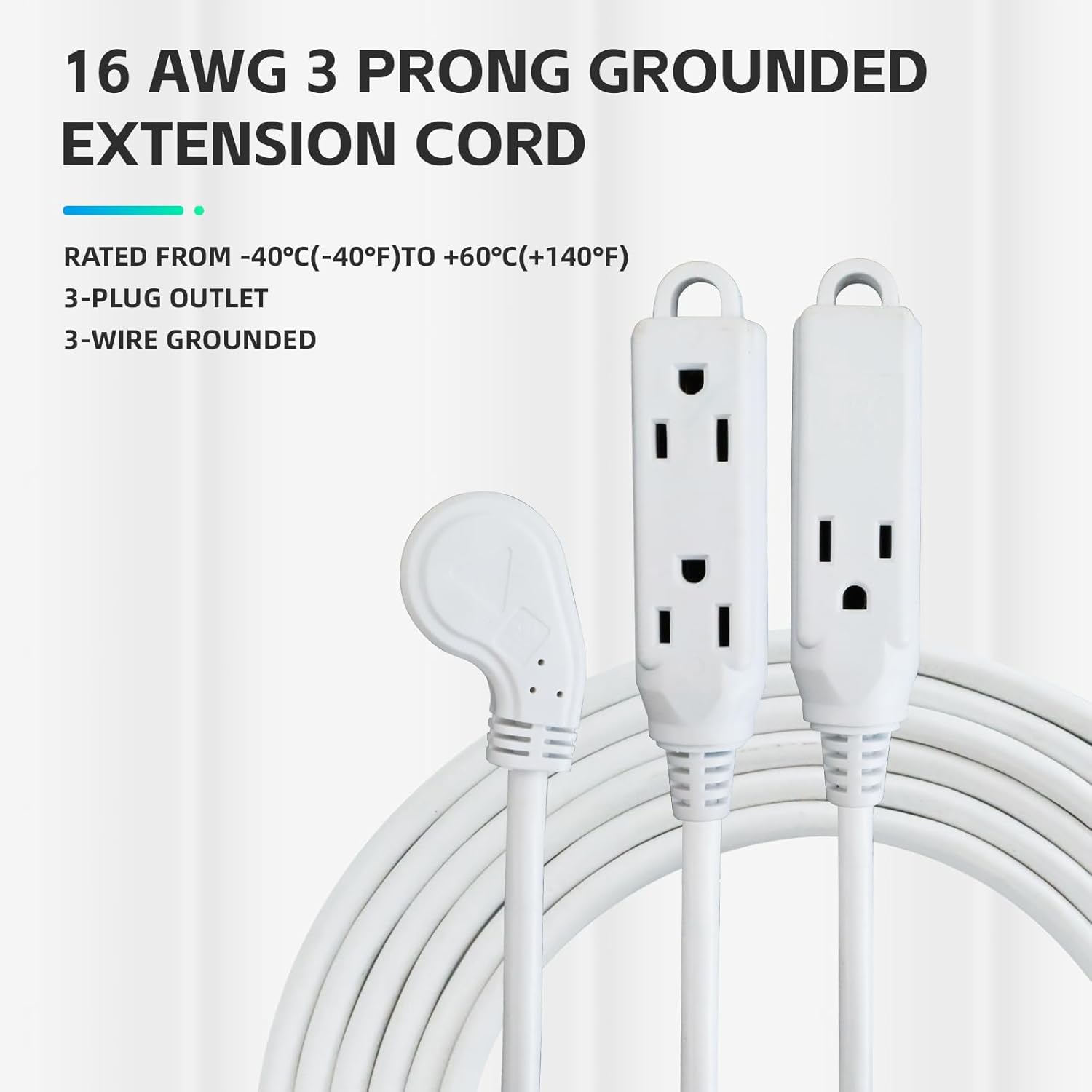 10 Ft Flat Plug Extension Cord - 16 AWG 3 Prong Grounded Cable with 3 Outlets, Indoor Use, White
