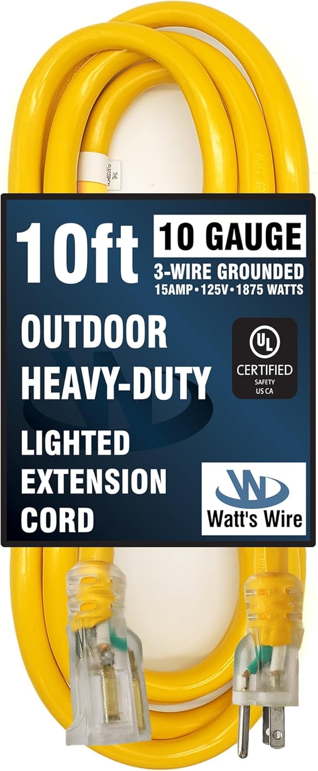 10 ft Heavy Duty Extension Cord - 10 Gauge, Indoor/Outdoor, Lighted SJTW, 15 Amp Grounded Splitter by Watt's Wire