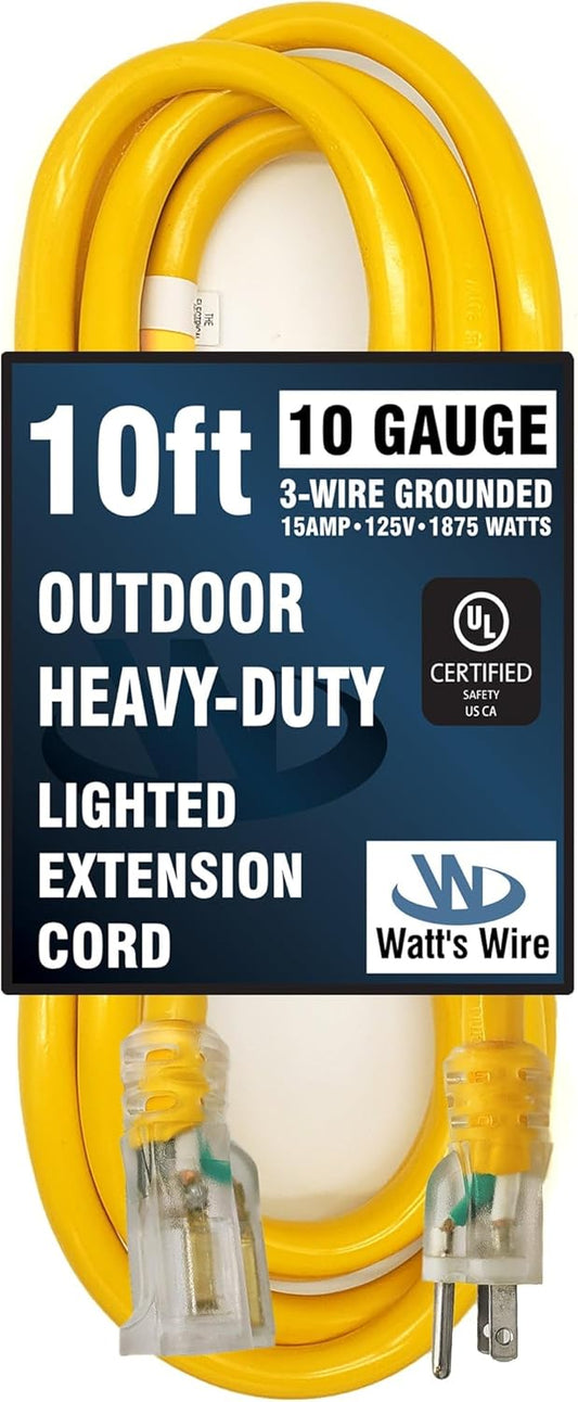 10 ft Heavy Duty Extension Cord - 10 Gauge, Indoor/Outdoor, Lighted SJTW, 15 Amp Grounded Splitter by Watt's Wire