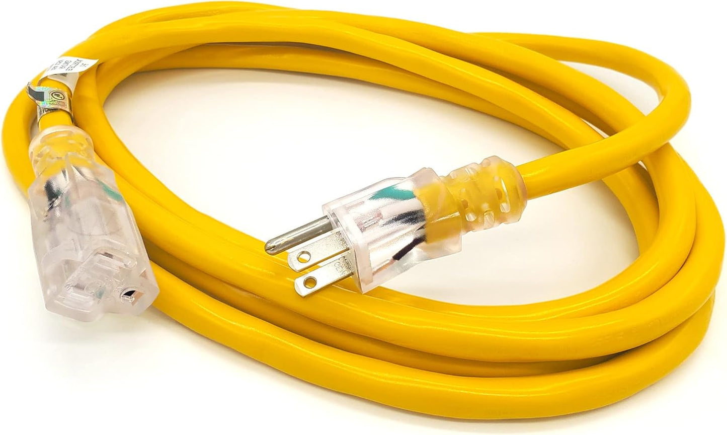 10 ft Heavy Duty Extension Cord - 10 Gauge, Indoor/Outdoor, Lighted SJTW, 15 Amp Grounded Splitter by Watt's Wire