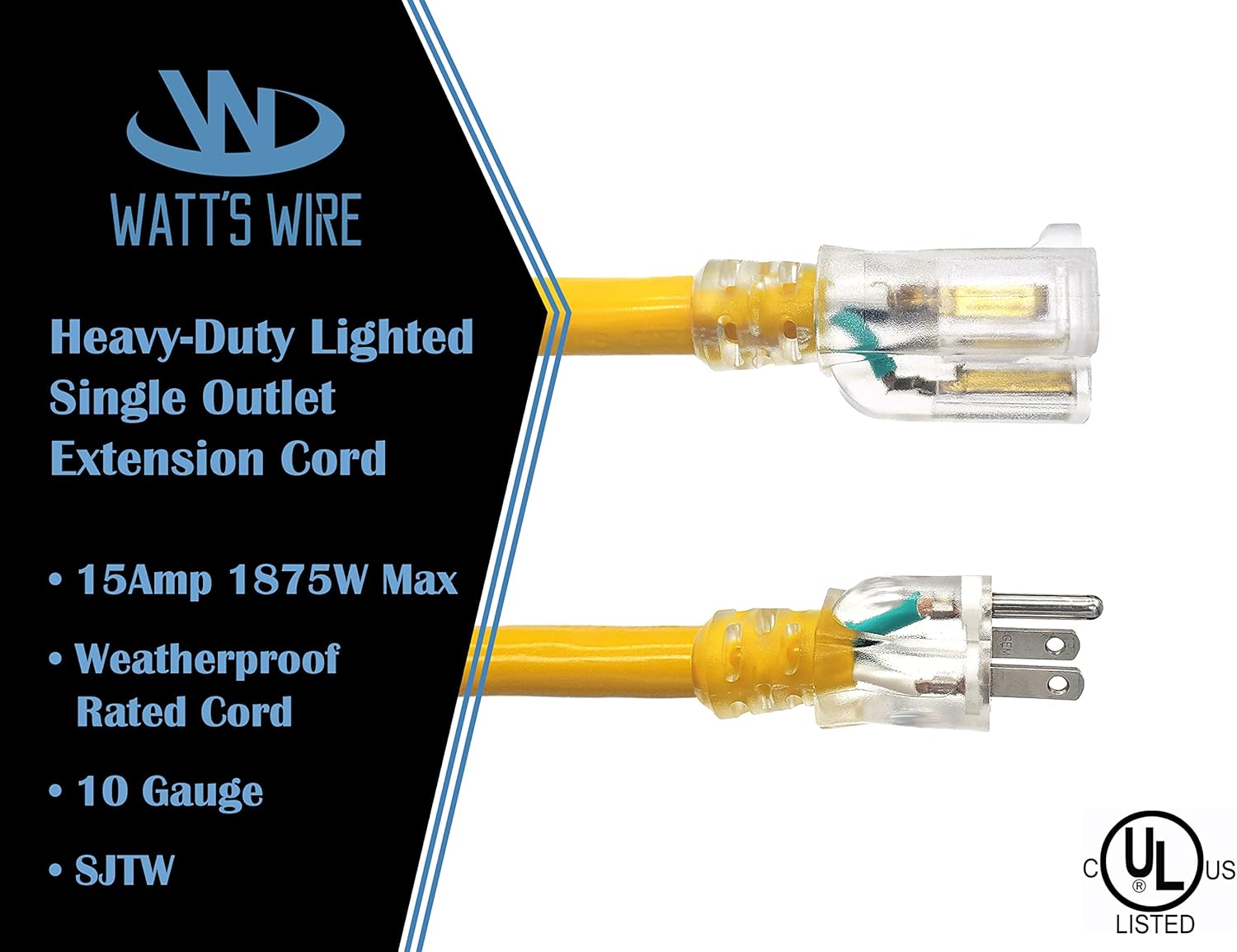 10 ft Heavy Duty Extension Cord - 10 Gauge, Indoor/Outdoor, Lighted SJTW, 15 Amp Grounded Splitter by Watt's Wire