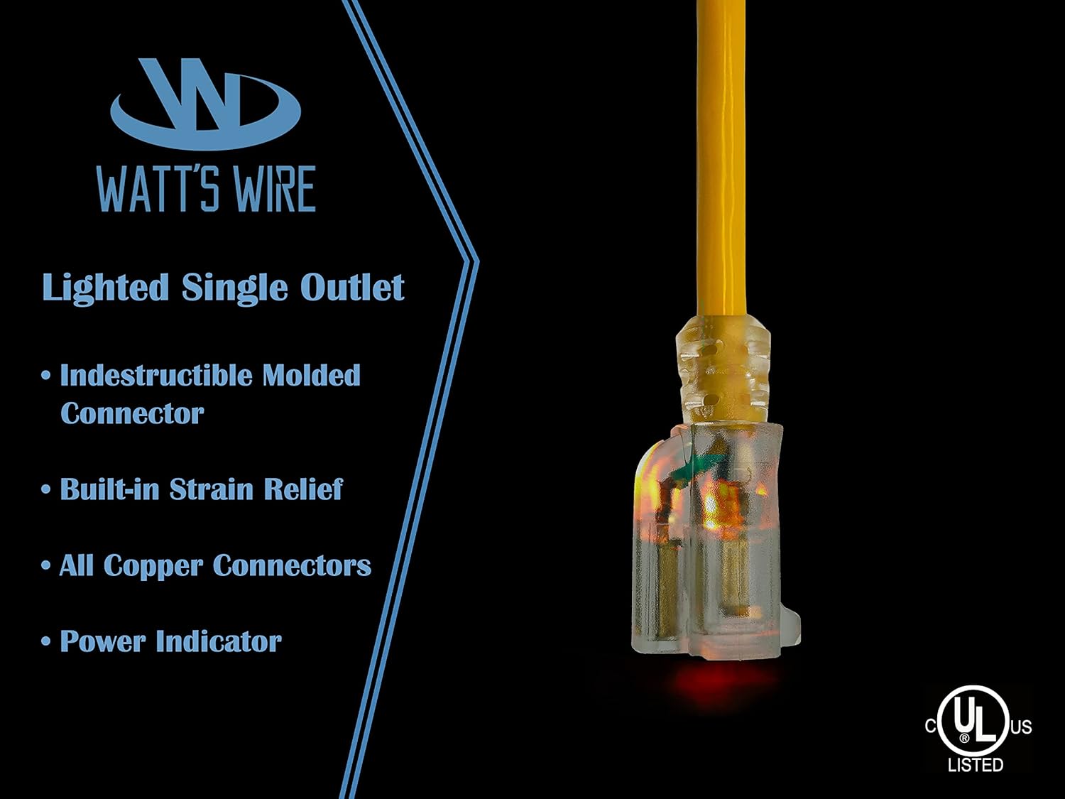 10 ft Heavy Duty Extension Cord - 10 Gauge, Indoor/Outdoor, Lighted SJTW, 15 Amp Grounded Splitter by Watt's Wire