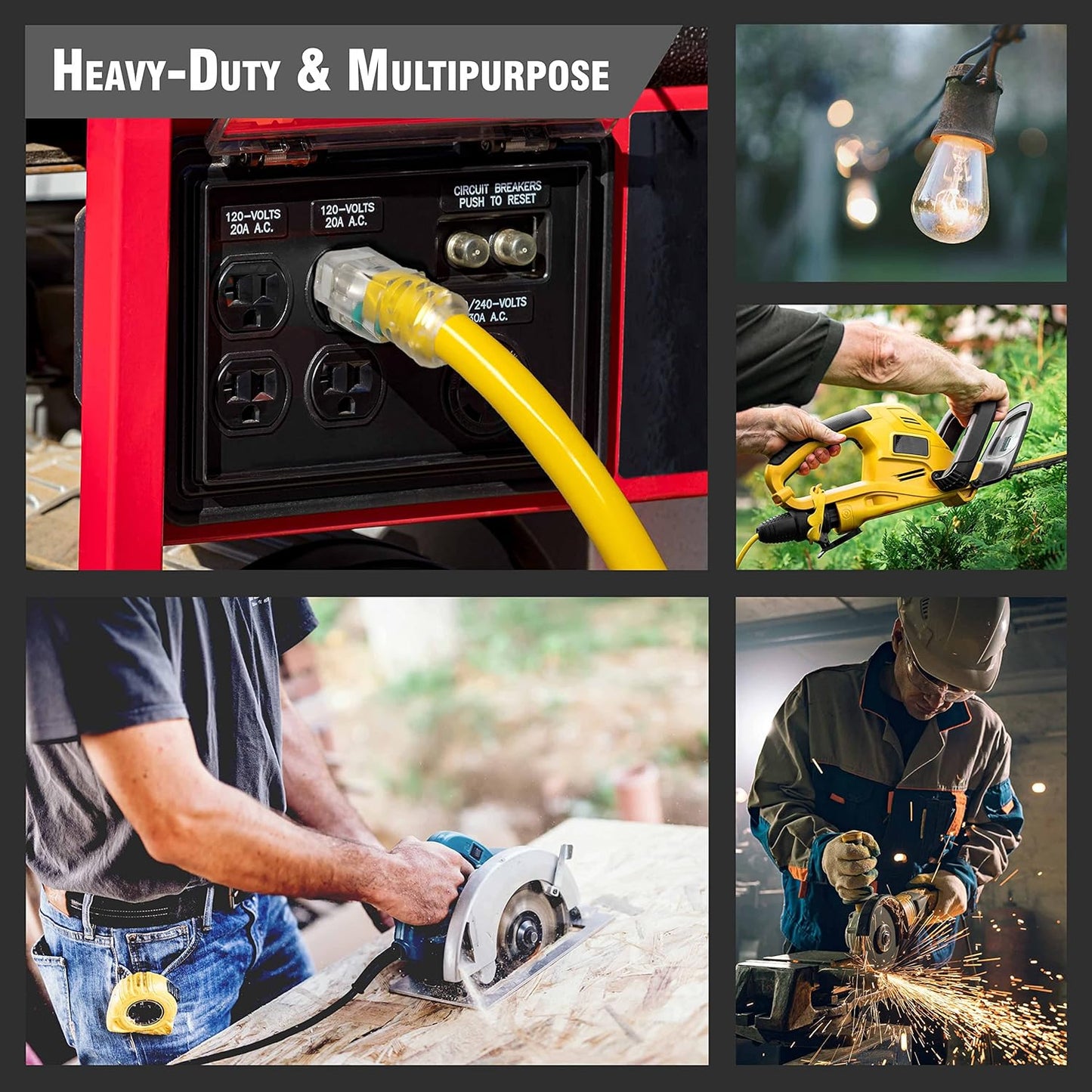 10 ft Heavy Duty Extension Cord - 10 Gauge, Indoor/Outdoor, Lighted SJTW, 15 Amp Grounded Splitter by Watt's Wire