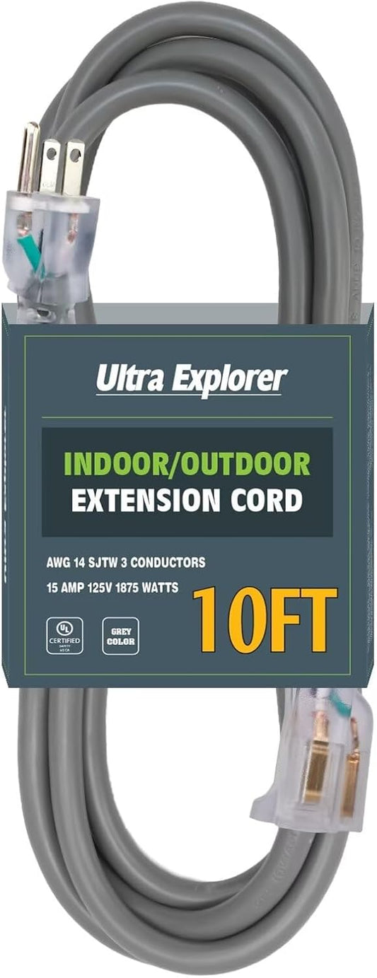 10 ft Heavy Duty Outdoor Extension Cord with Lighted Indicator - Waterproof 3 Prong Power Cord for Garden and Appliances