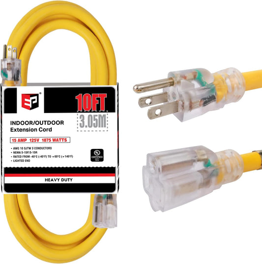 10 Ft Lighted Outdoor Extension Cord - Heavy Duty Yellow 10/3 SJTW Extension Cable with Grounded Plug for Safety, UL Listed