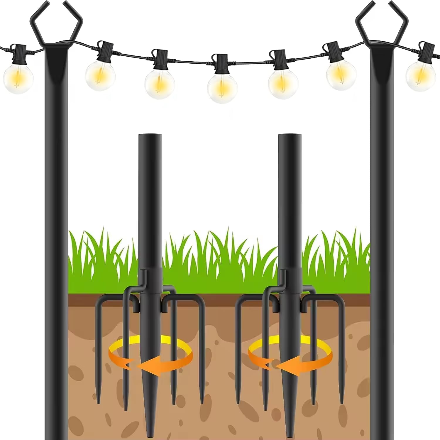 10 Ft Metal String Light Poles with Fork for Outdoor Lights - 2 Pack Patio Stand for Wedding, Party & Garden