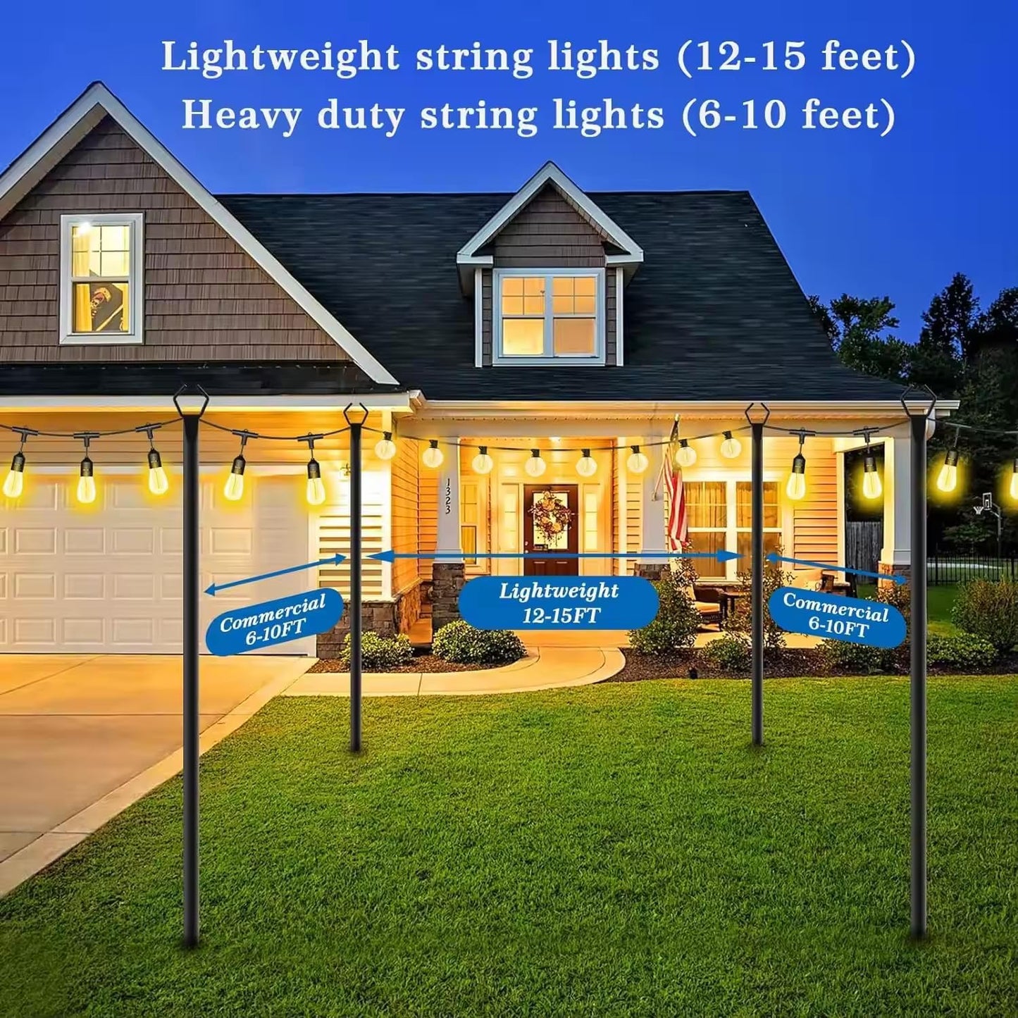 10 Ft Metal String Light Poles with Fork for Outdoor Lights - 2 Pack Patio Stand for Wedding, Party & Garden