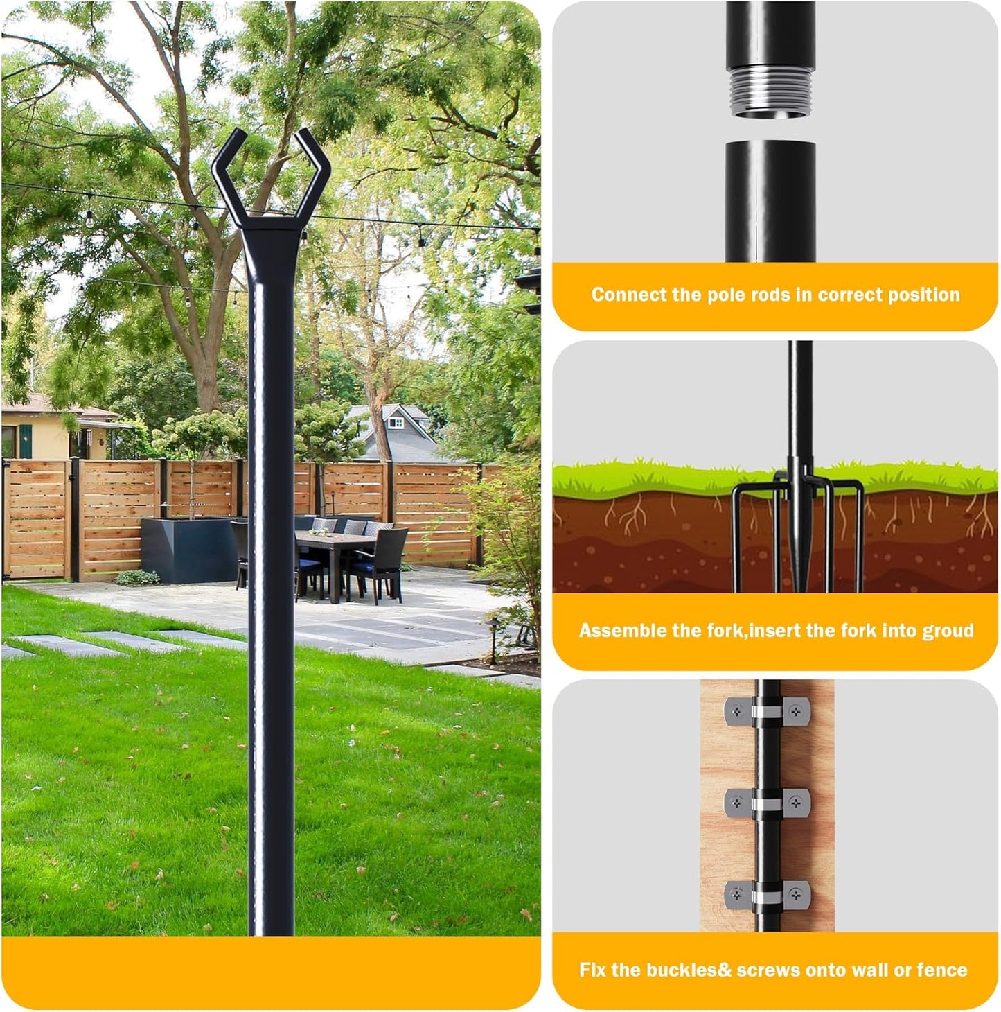 10 Ft Metal String Light Poles with Fork for Outdoor Lights - 2 Pack Patio Stand for Wedding, Party & Garden