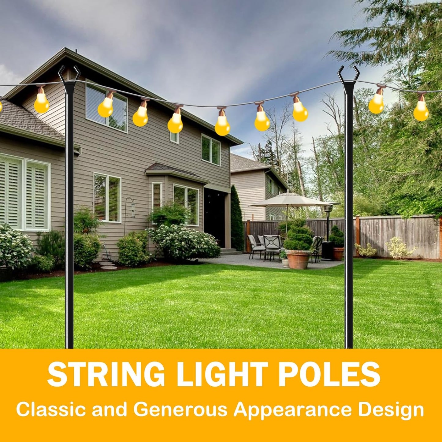 10 Ft Metal String Light Poles with Fork for Outdoor Lights - 2 Pack Patio Stand for Wedding, Party & Garden