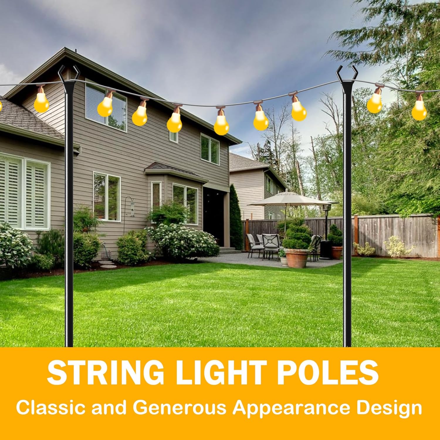 10 Ft Metal String Light Poles with Fork for Outdoor Lights - 2 Pack Patio Stand for Wedding, Party & Garden