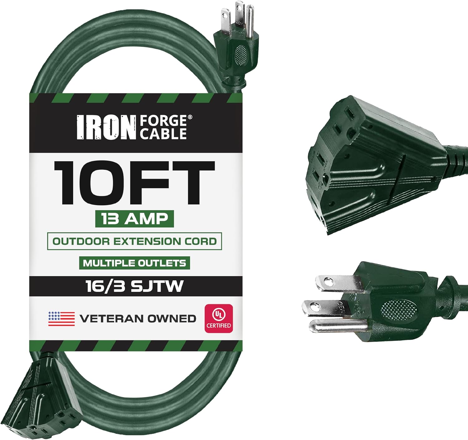 10 ft Outdoor Extension Cord with 3 Outlets, Heavy Duty Green Cable for Lawn & Yard - Weatherproof, 13 Amp, 16/3 Iron Forge Cable
