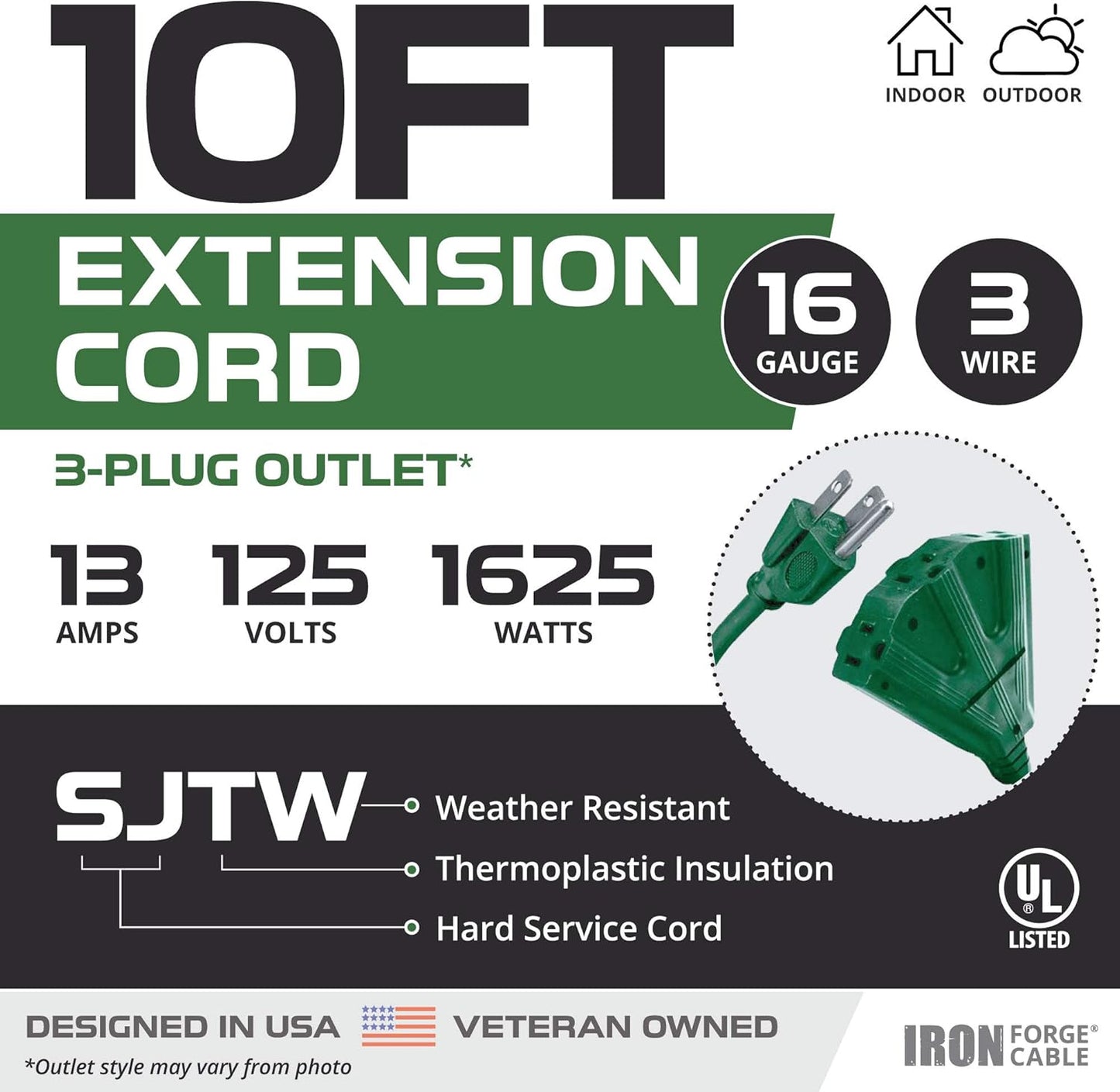 10 ft Outdoor Extension Cord with 3 Outlets, Heavy Duty Green Cable for Lawn & Yard - Weatherproof, 13 Amp, 16/3 Iron Forge Cable