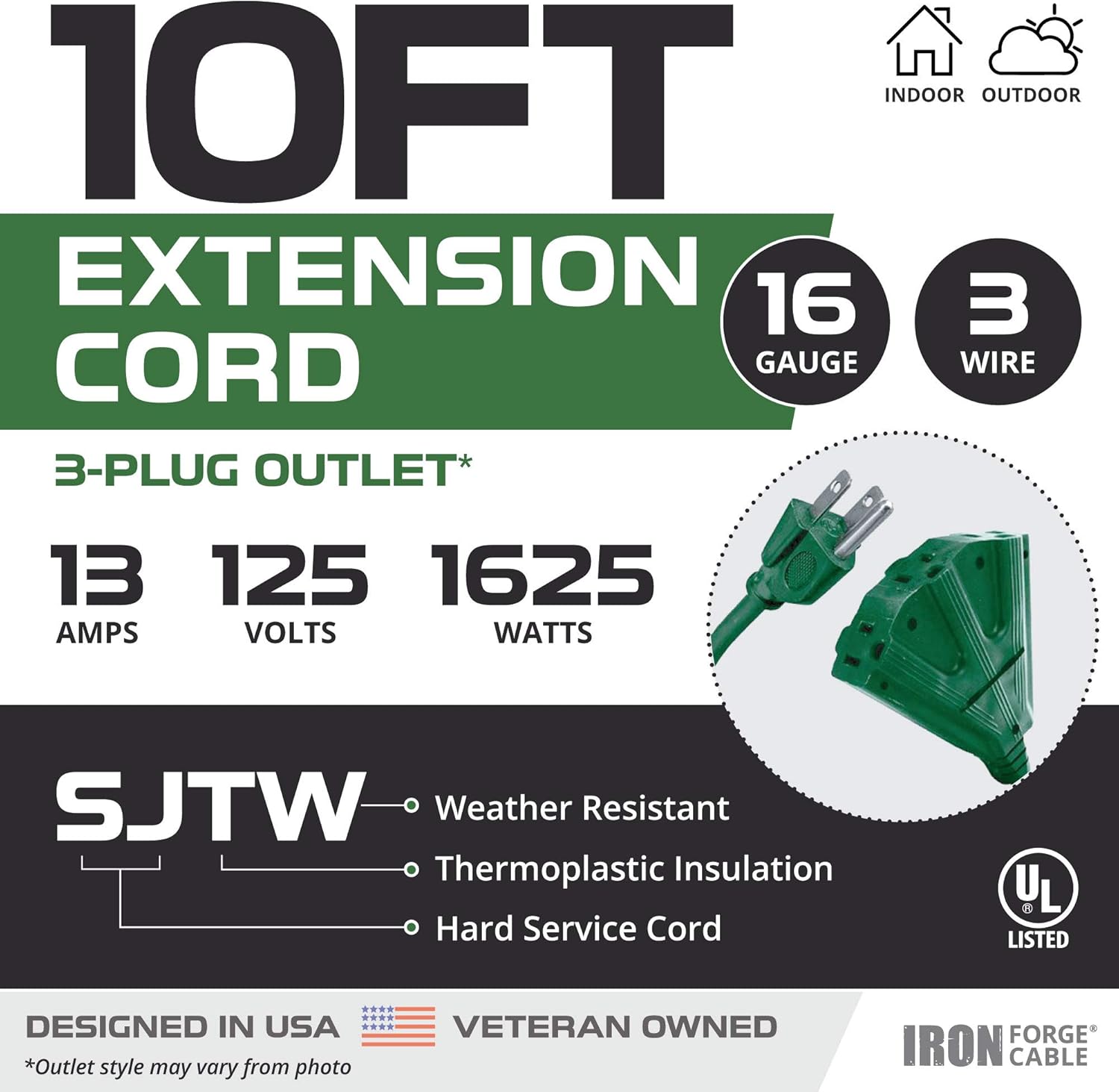 10 ft Outdoor Extension Cord with 3 Outlets, Heavy Duty Green Cable for Lawn & Yard - Weatherproof, 13 Amp, 16/3 Iron Forge Cable