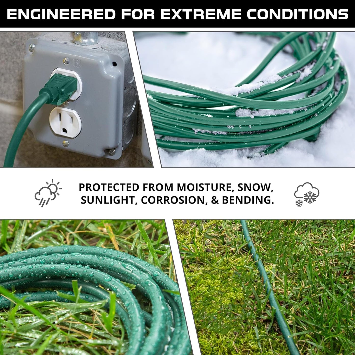 10 ft Outdoor Extension Cord with 3 Outlets, Heavy Duty Green Cable for Lawn & Yard - Weatherproof, 13 Amp, 16/3 Iron Forge Cable