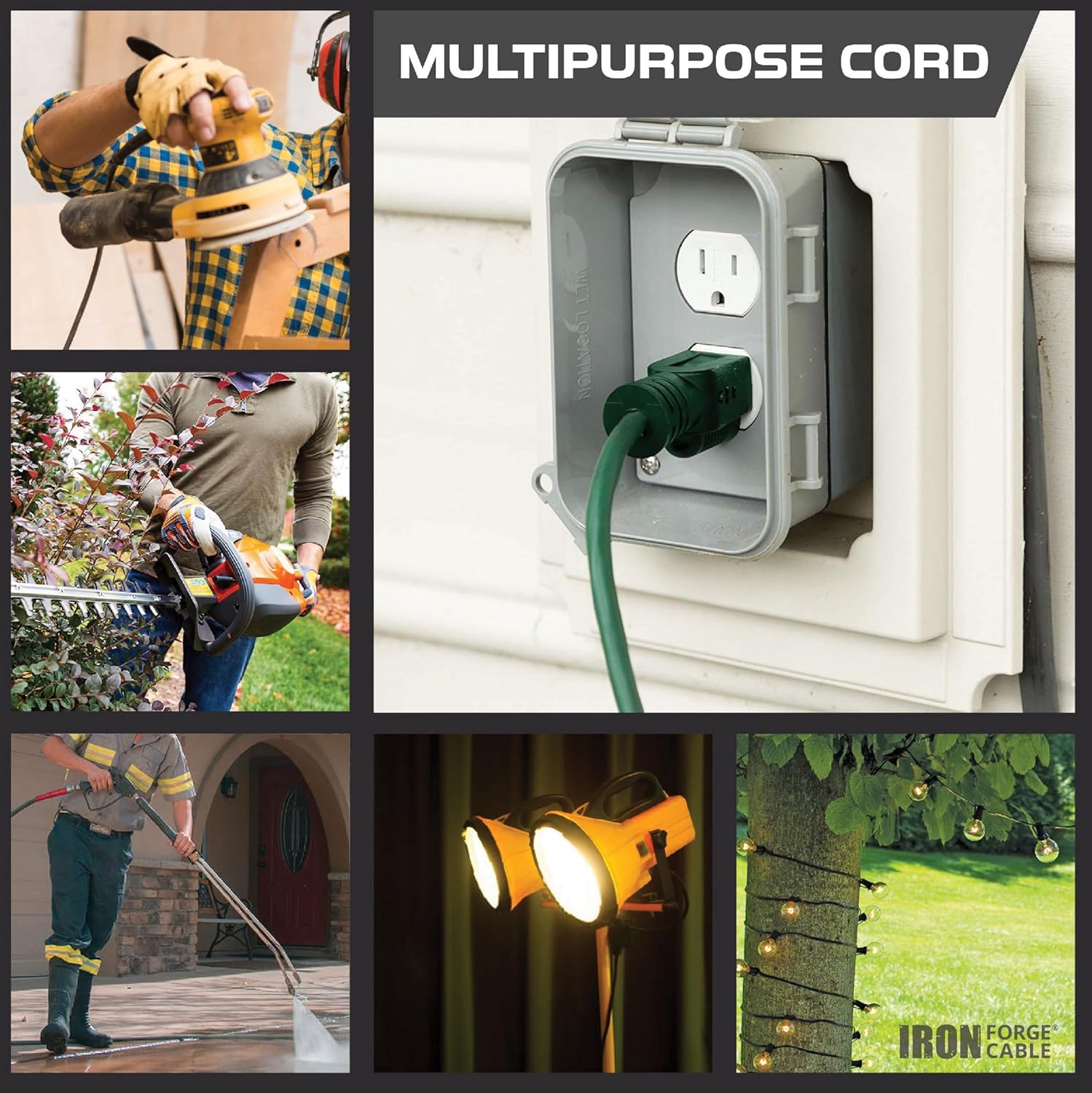 10 ft Outdoor Extension Cord with 3 Outlets, Heavy Duty Green Cable for Lawn & Yard - Weatherproof, 13 Amp, 16/3 Iron Forge Cable