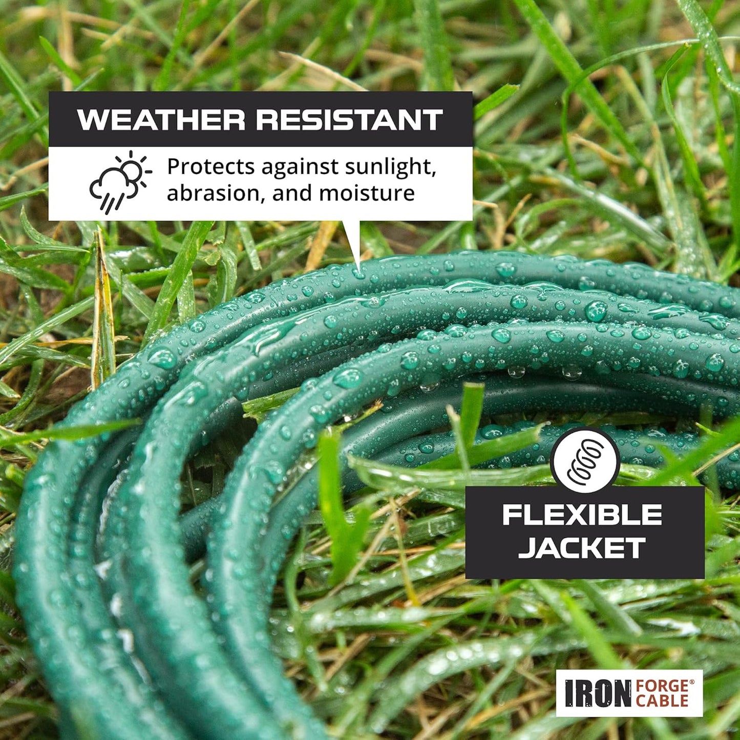 10 ft Outdoor Extension Cord with 3 Outlets, Heavy Duty Green Cable for Lawn & Yard - Weatherproof, 13 Amp, 16/3 Iron Forge Cable