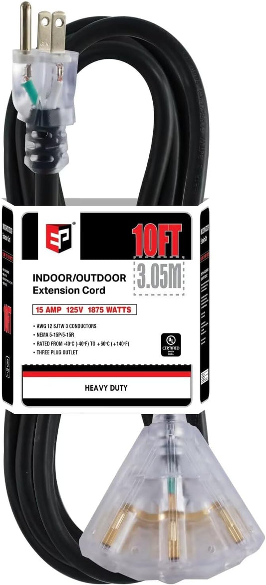 10 Ft Outdoor Extension Cord with 3 Power Outlets - Heavy Duty Black Cable, 3 Prong Grounded Plug, UL Listed