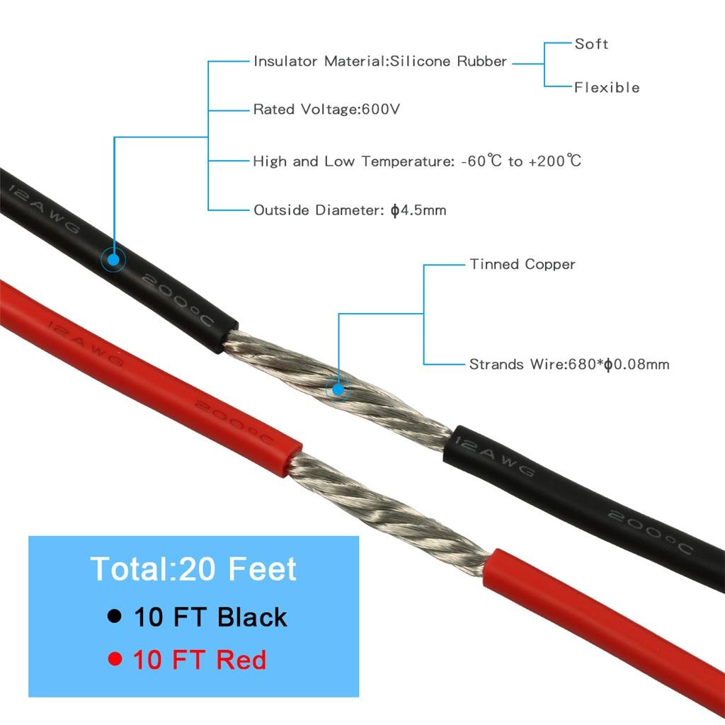 10 ft Red + 10 ft Black 12 AWG Silicone Copper Wire - BNTECHGO Flexible Stranded Tinned - 12 Gauge Wire