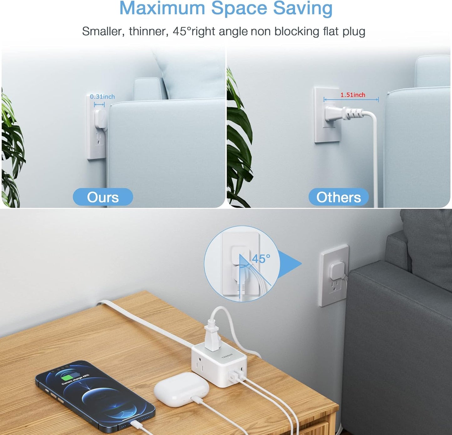 10 FT Ultra Thin Flat Extension Cord with 3 USB Charger and 3 Outlets - Slim Plug for Travel, Dorm, Office