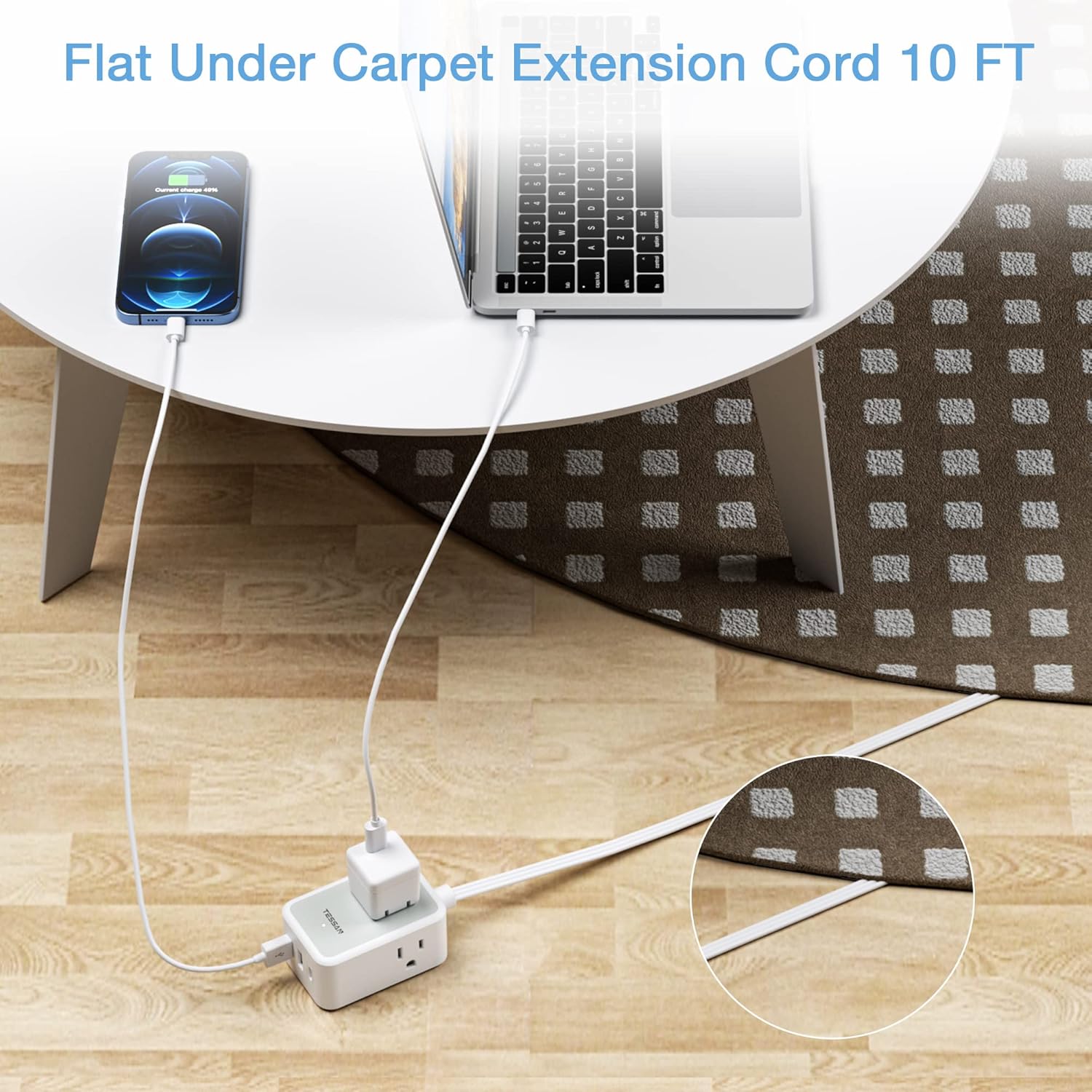 10 FT Ultra Thin Flat Extension Cord with 3 USB Charger and 3 Outlets - Slim Plug for Travel, Dorm, Office