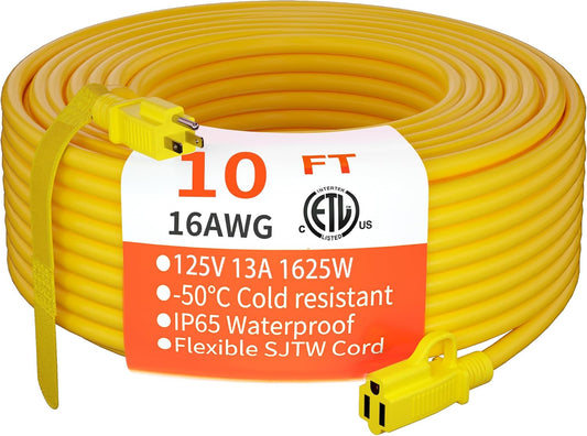 10 ft Waterproof Outdoor Extension Cord 16/3 Gauge, Flexible Cold-Resistant Appliance Cable Yellow - 13A 1625W 16AWG SJTW, 3 Prong Heavy Duty Electric, ETL Listed