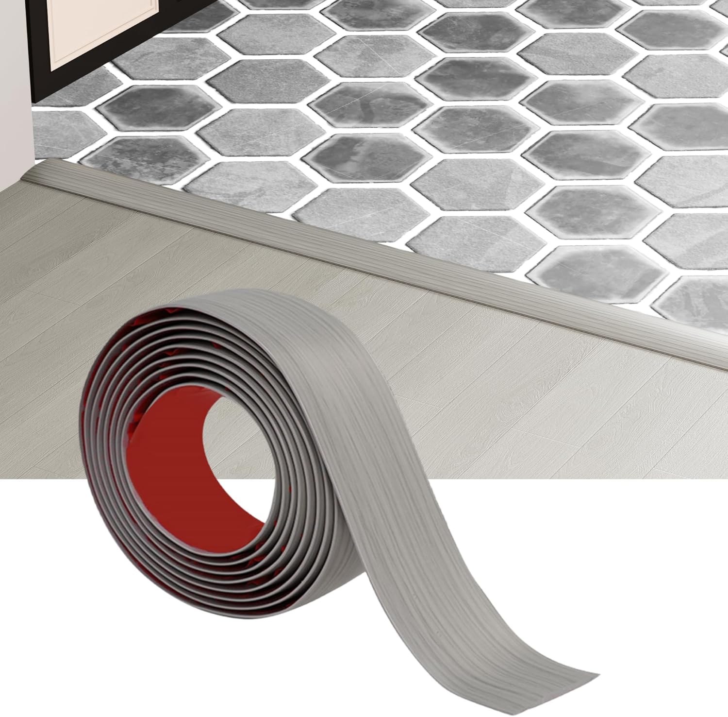 10 Ft x 2" Greymond Floor Transition Strip - Vinyl Adhesive Laminate Flat Divider for Joining Floor Gaps, Carpet, Threshold Cover - Beige Grey Floor Tiles