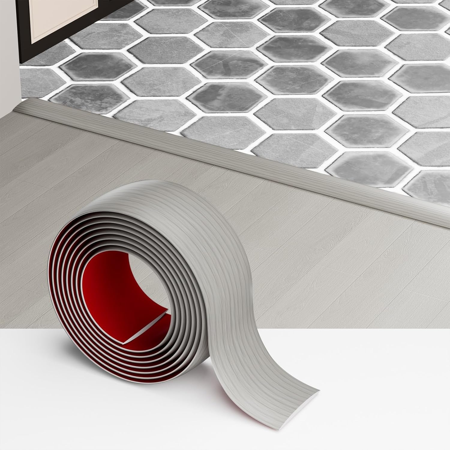 10 Ft x 2" Greymond Floor Transition Strip - Vinyl Adhesive Laminate Flat Divider for Joining Floor Gaps, Carpet, Threshold Cover - Beige Grey Floor Tiles