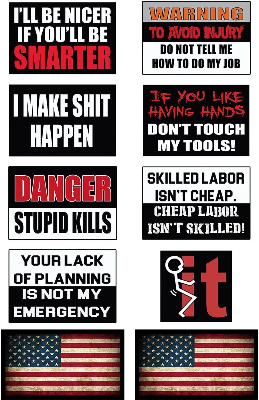 10 Funny Hard Hat Stickers with American Flags - Pro Union Gift for Construction Workers & Mechanics - USA Made