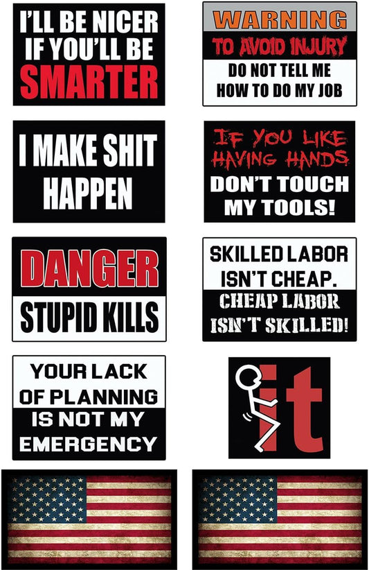 10 Funny Hard Hat Stickers with American Flags - Pro Union Gift for Construction Workers & Mechanics - USA Made