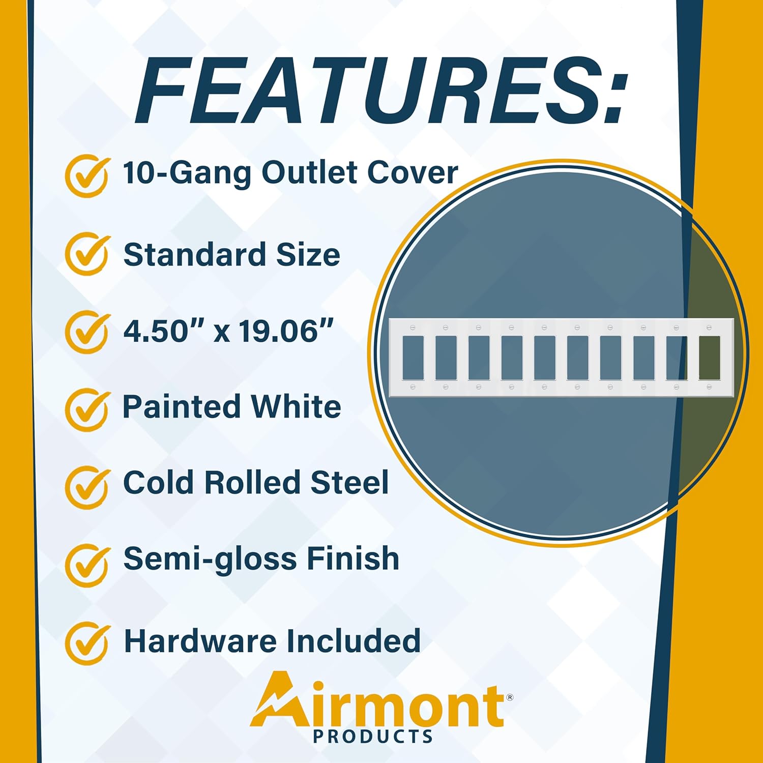 10-Gang Rocker Switch Cover - White Painted Metal Wall Plate - 4.5 x 19'' - Corrosion Resistant - Unbreakable Metal - 1 Pack