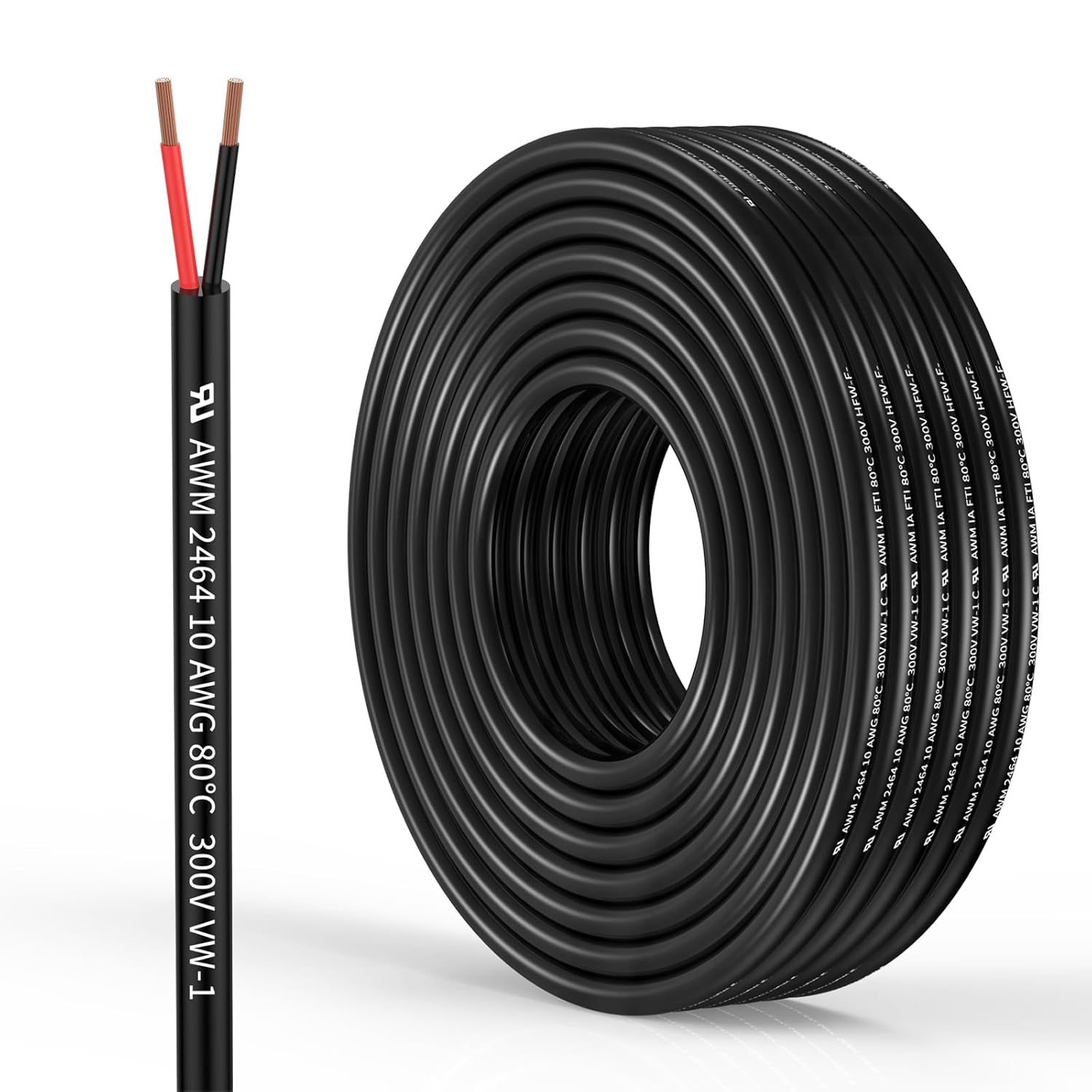 10 Gauge 2 Conductor Electrical Wire - 10 AWG Stranded PVC Cord - 65.6FT - Outdoor Lighting, Automotive, Solar Panel - Oxygen-Free Copper Cable